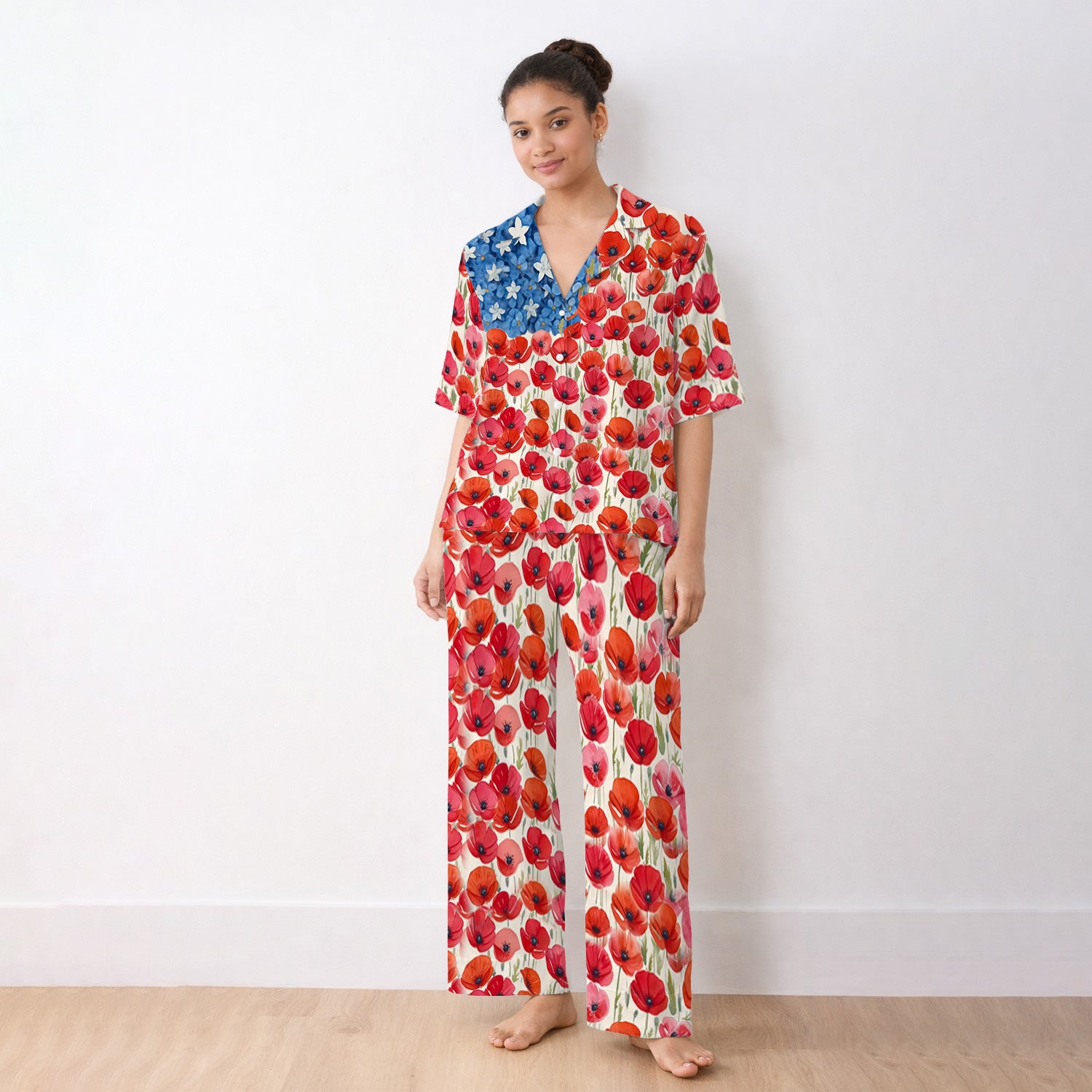 Memorial Day Nurse Poppy American Flag Pajama Set, Soft Breathable Fabric Comfortable Sleepwear