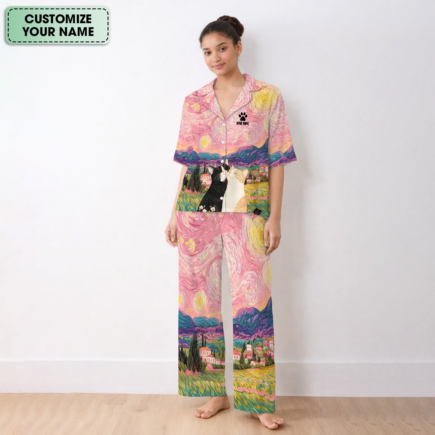 Personalized Cat Couple Sunset Swirl Sky Landscape Pattern Pajama Set, Soft Breathable Fabric Comfortable Sleepwear