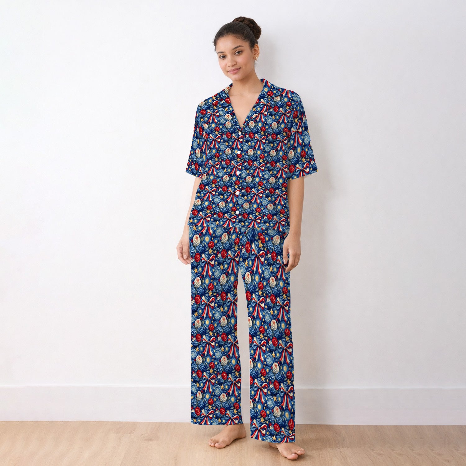 Patriotic Starry Bow Nurse for RN, CNA, Healthcare Workers Pajama Set, Soft Breathable Fabric Comfortable Sleepwear