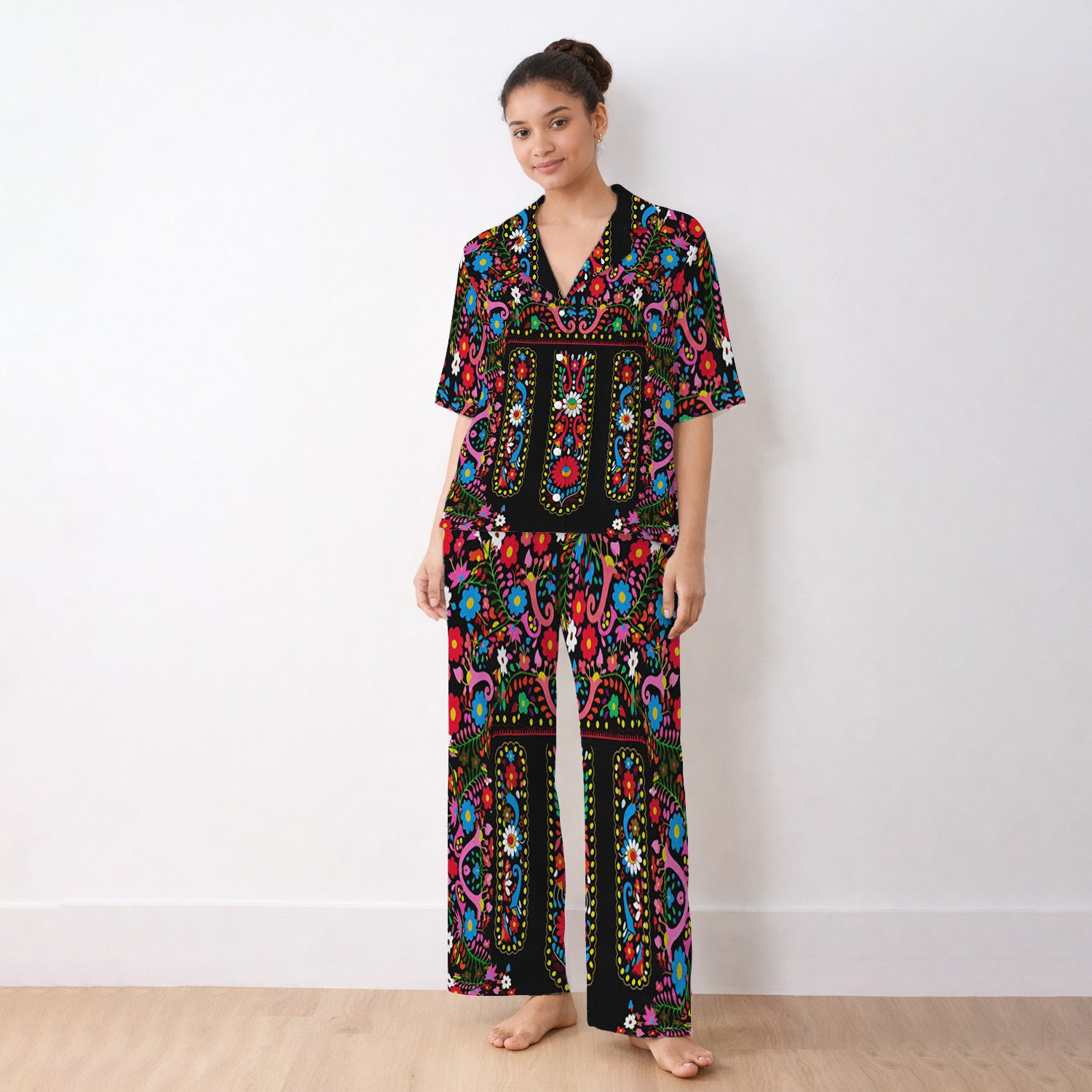 Colorful Folk Art Floral Pattern Pajama Set, Soft Breathable Fabric Comfortable Sleepwear