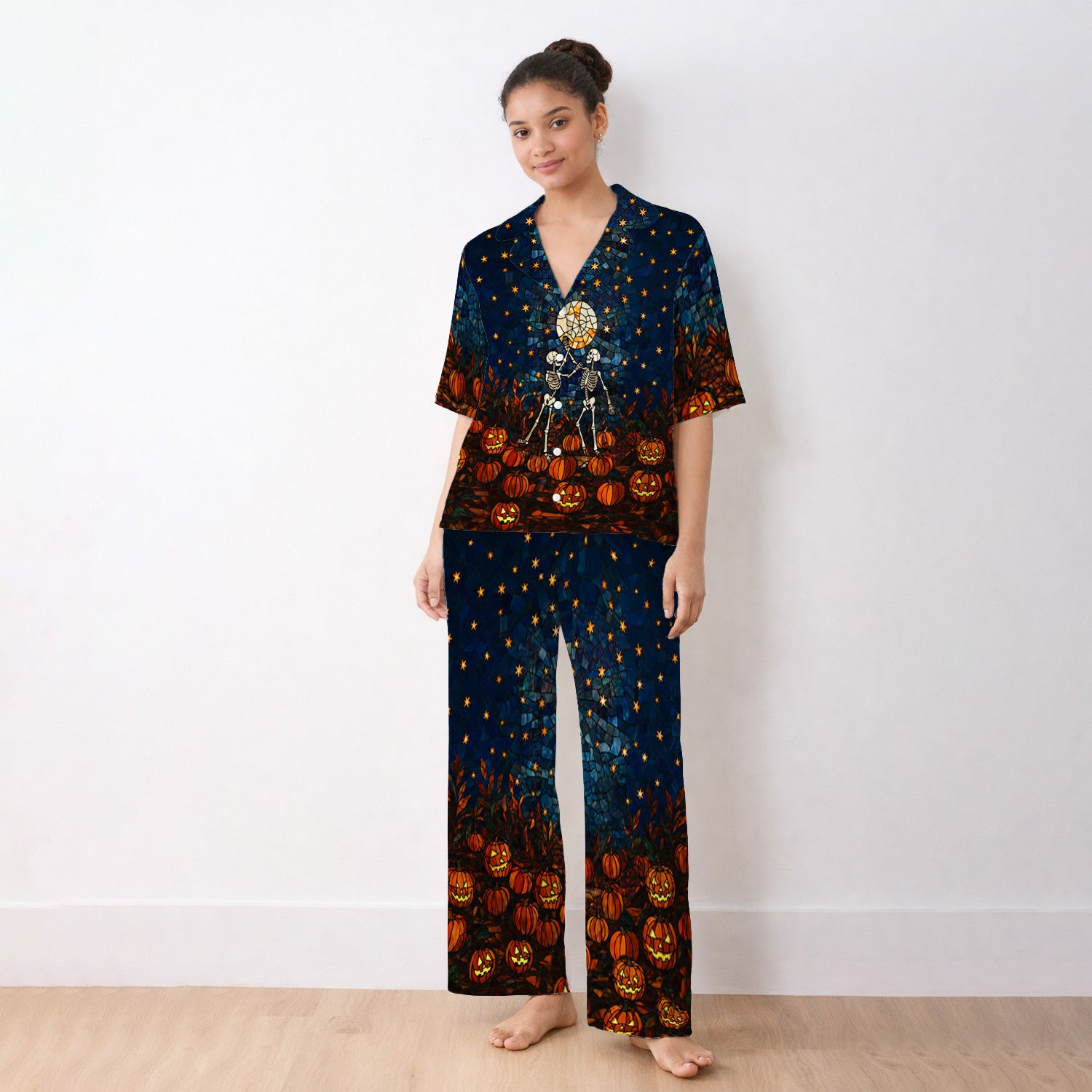 Halloween Skeleton Pumpkin Patch Pajama Set, Soft Breathable Fabric Comfortable Sleepwear