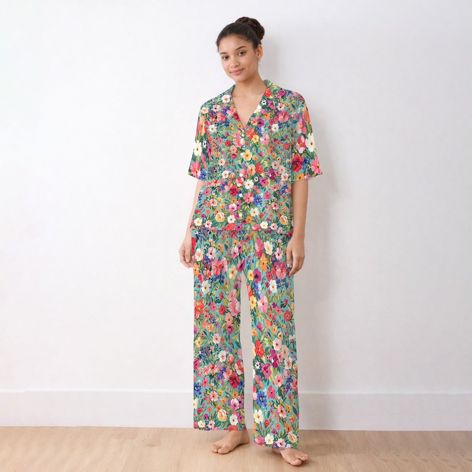 Colorful Wildflower Garden Bloom Pajama Set, Soft Breathable Sleepwear