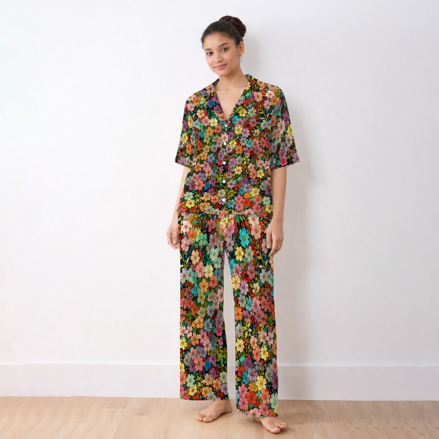 Colorful Wildflower Garden Bloom Pattern Pajama Set, Soft Breathable Fabric Comfortable Sleepwear