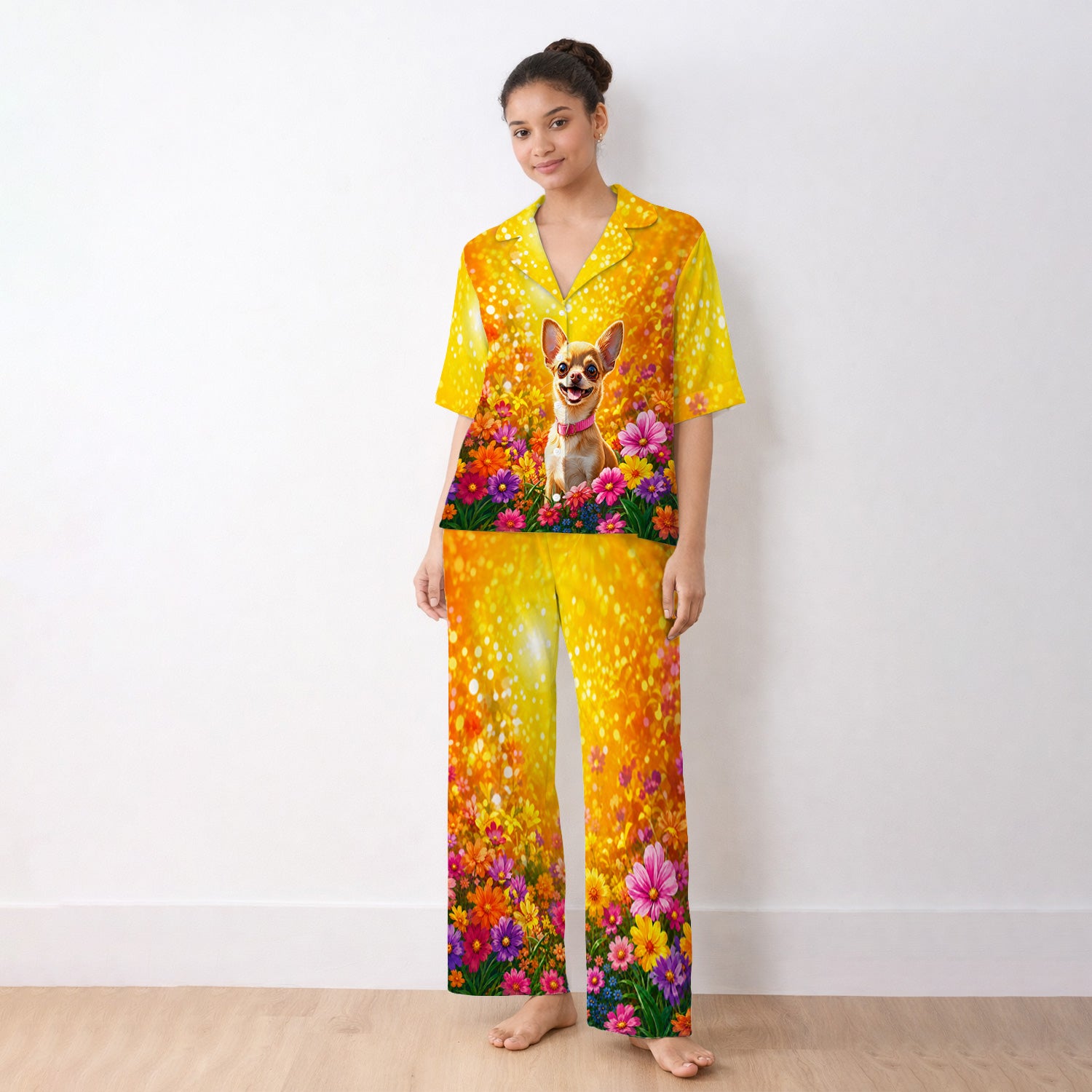 Cute Chihuahua Flower Meadow Pattern Pajama Set, Soft Breathable Fabric Comfortable Sleepwear