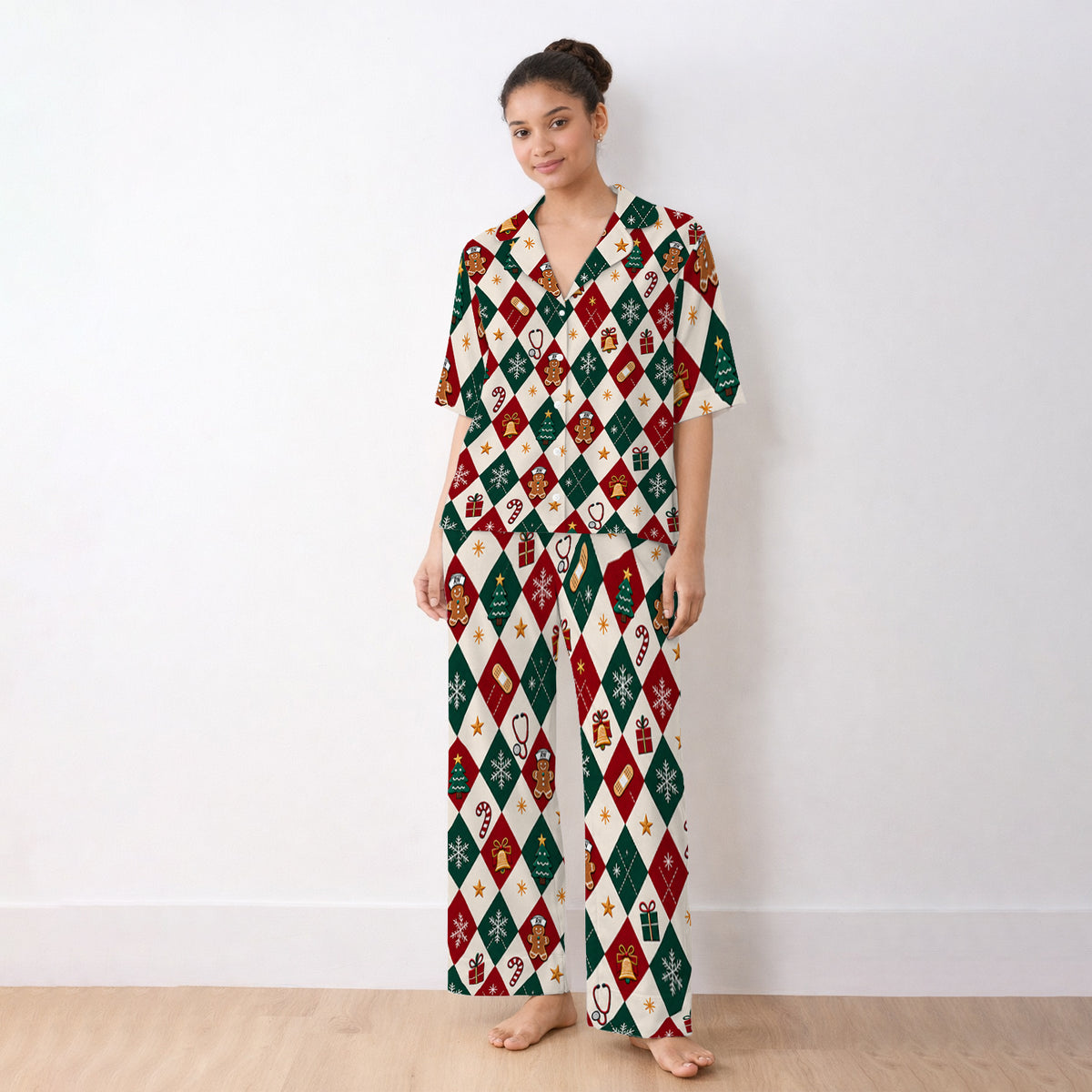Christmas Gingerbread Nurse Argyle Pajama Set, Soft Breathable Fabric Comfortable Sleepwear