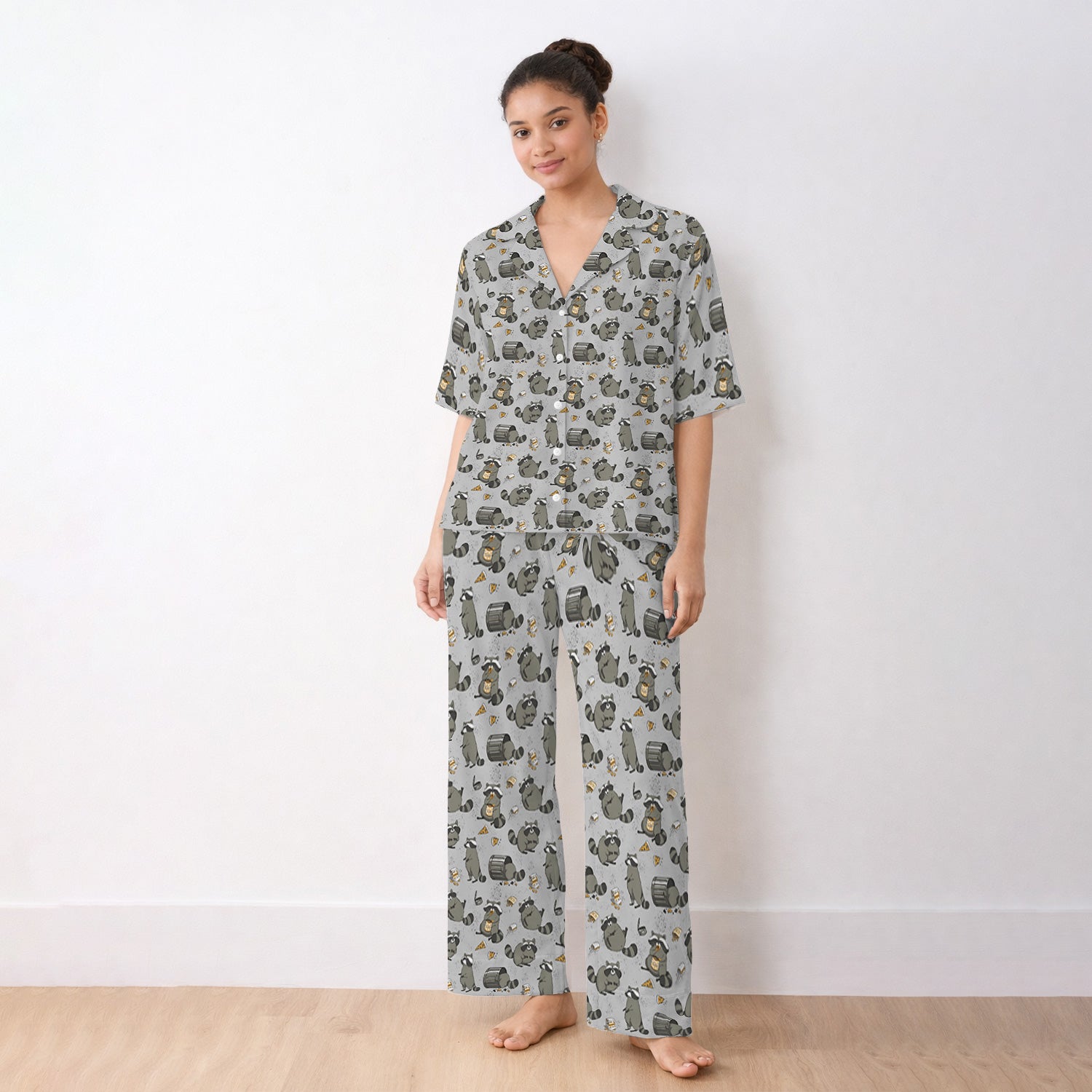 Raccoon Snack And Trash Can Pattern Pajama Set, Breathable Fabrics Uniform