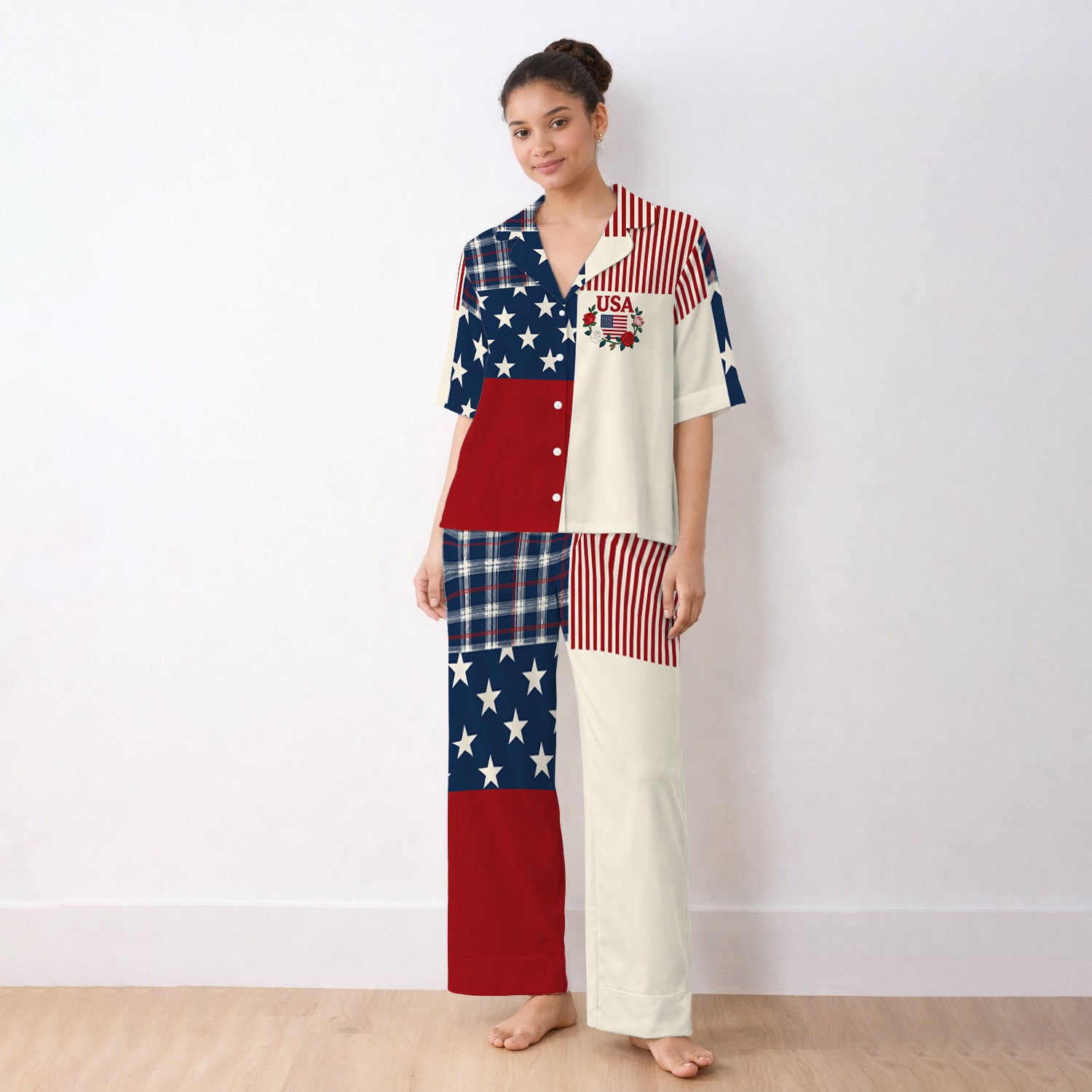 USA Flag Rose Patchwork Pattern Pajama Set, Soft Breathable Fabric Comfortable Sleepwear