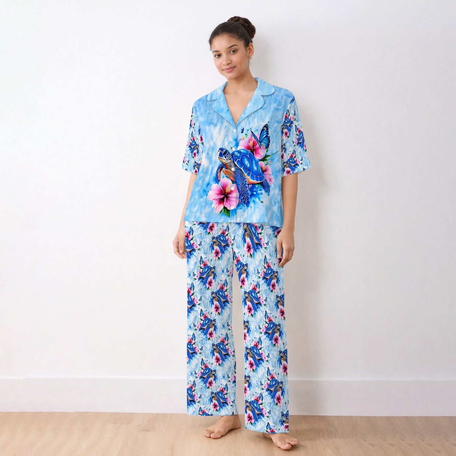 Blue Sea Turtle Hibiscus Butterfly Print Pajama Set, Soft Breathable Fabric Comfortable Sleepwear