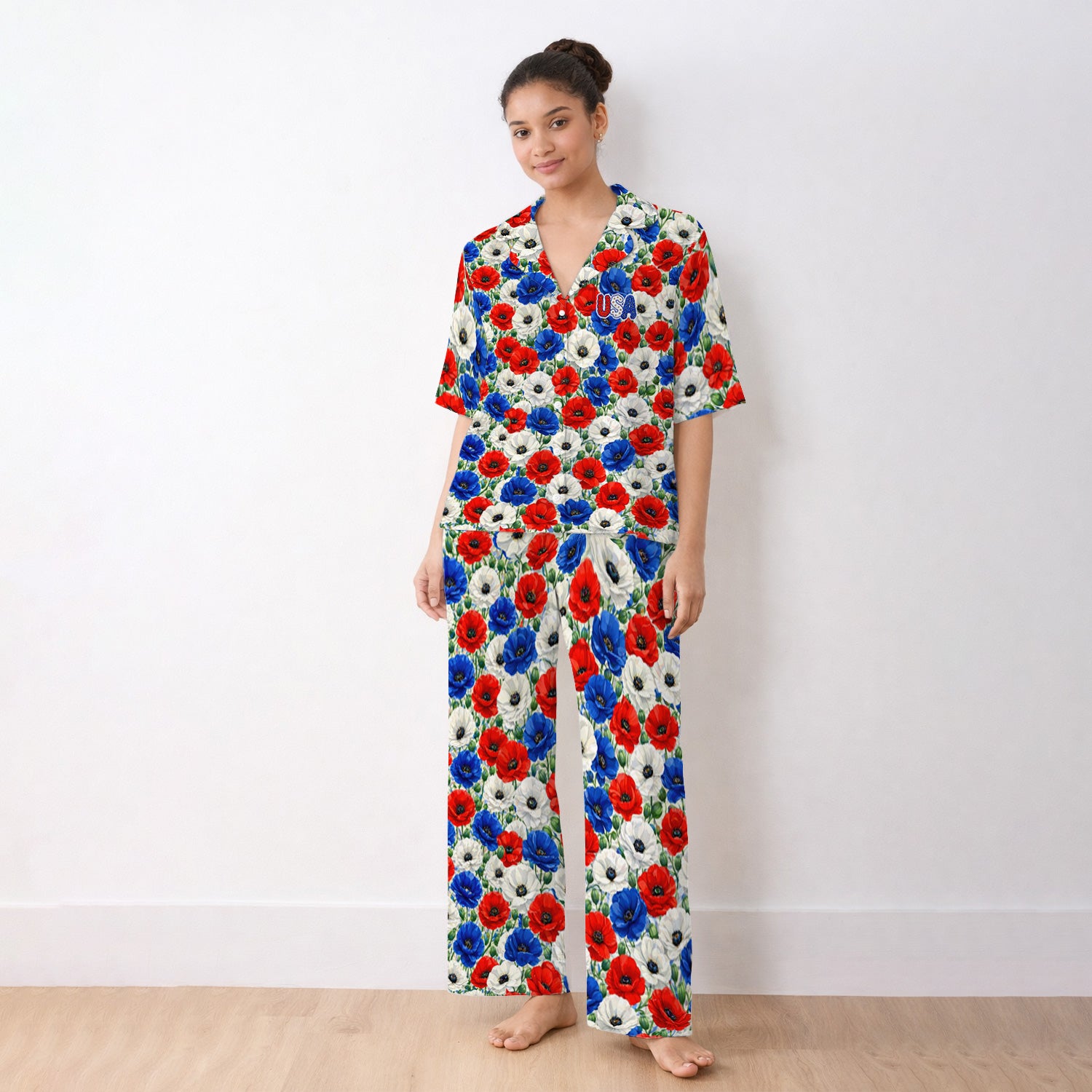 Festive Patriotic Red Blue Poppy Floral Pattern Pajama Set, Soft Breathable Fabric Comfortable Sleepwear