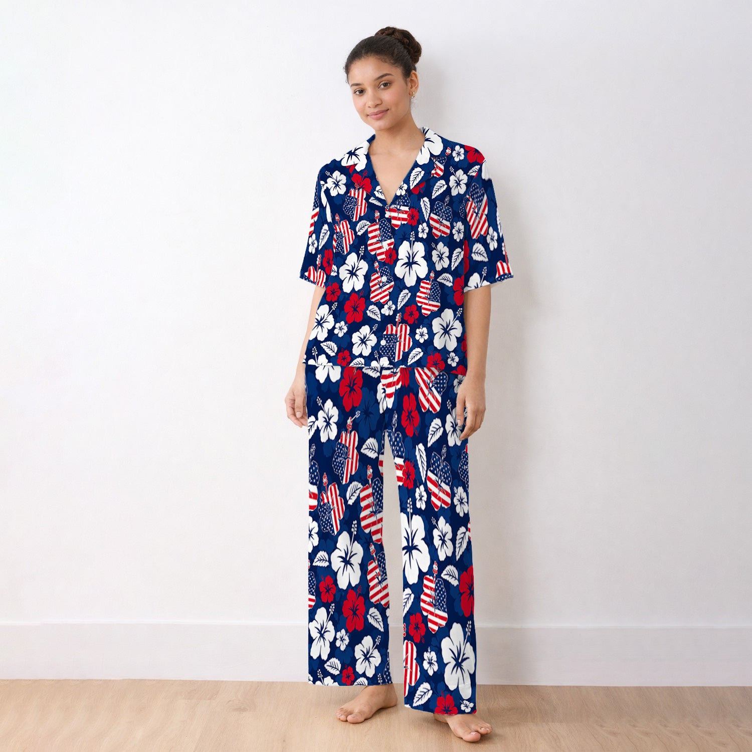 Patriotic Hibiscus Flag Floral Print Pajama Set, Soft Breathable Fabric Comfortable Sleepwear