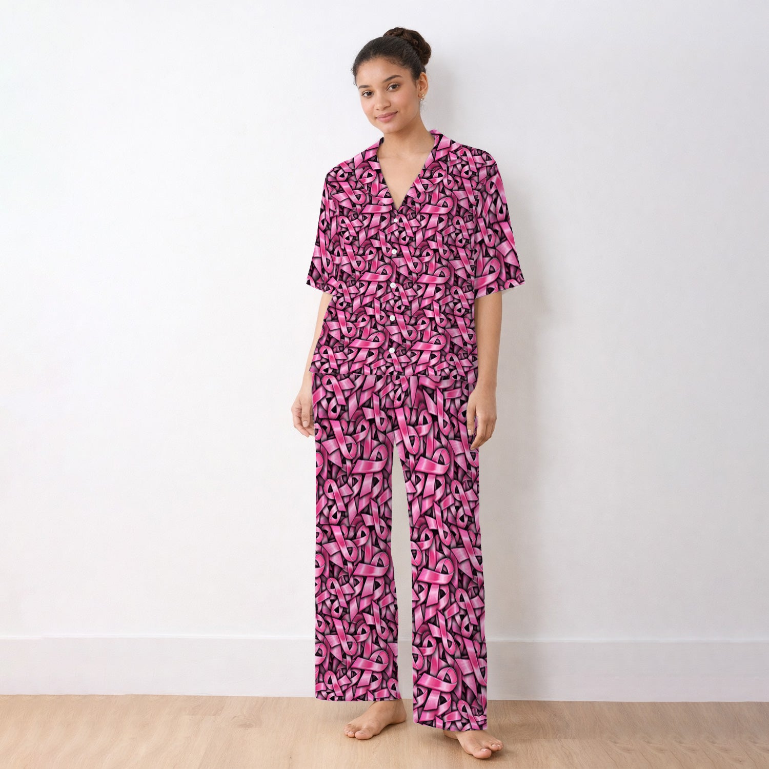 Breast Cancer Awareness Ribbon Oncology Pajama Set, Soft Breathable Fabric Comfortable Sleepwear