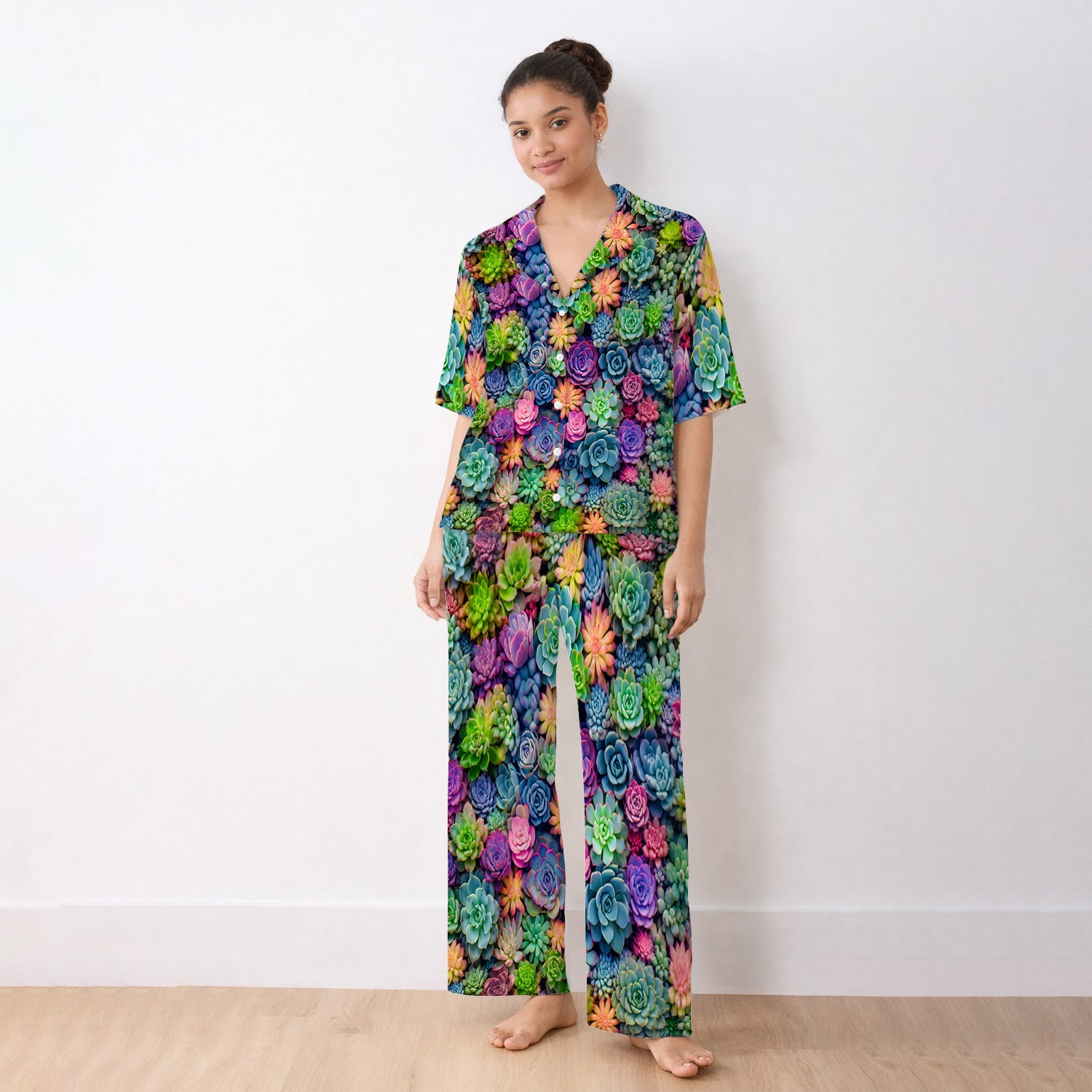 Cute Nurse Scrub Top Boho Succulent Flower Pattern Pajama Set, Soft Breathable Fabric Comfortable Sleepwear