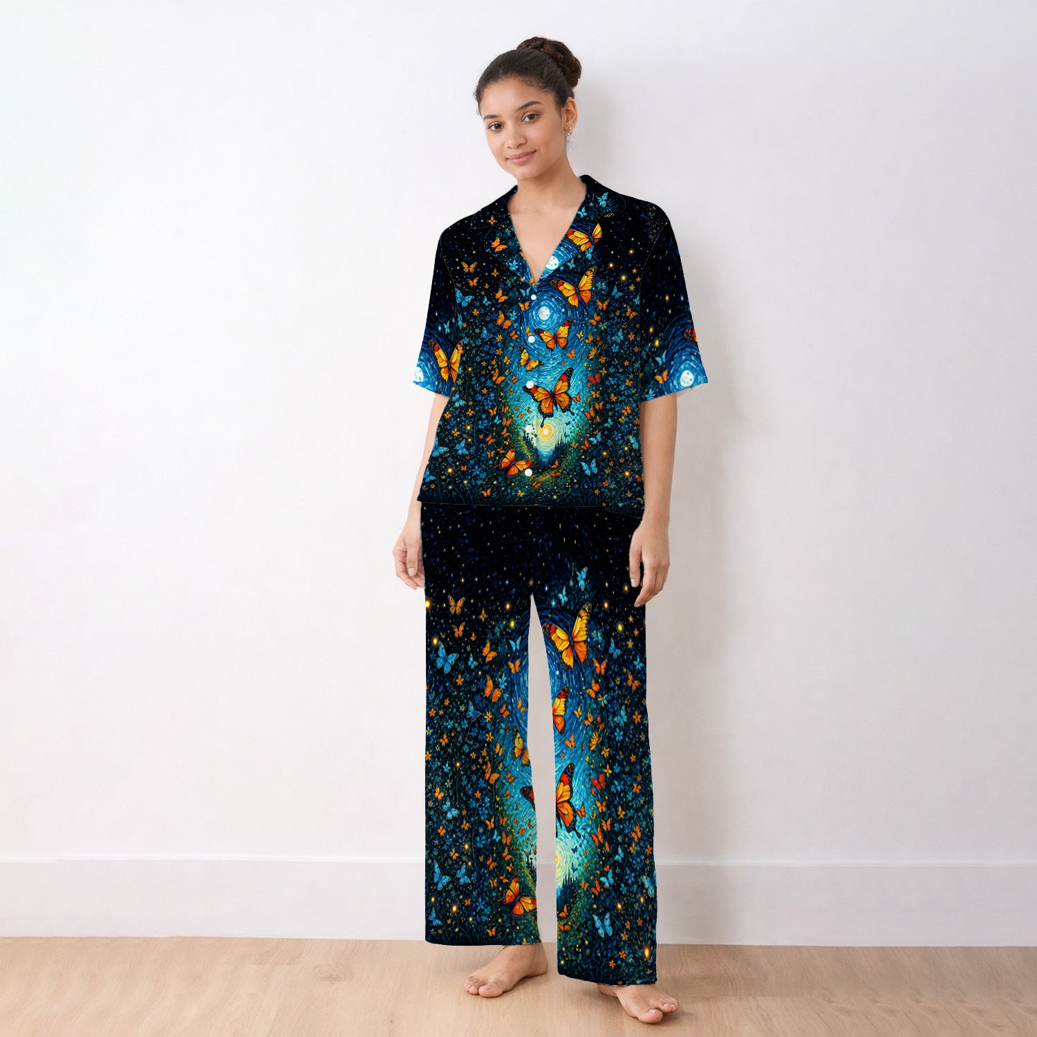 Moonlit Butterfly Nurse Pattern Pajama Set, Soft Breathable Fabric Comfortable Sleepwear