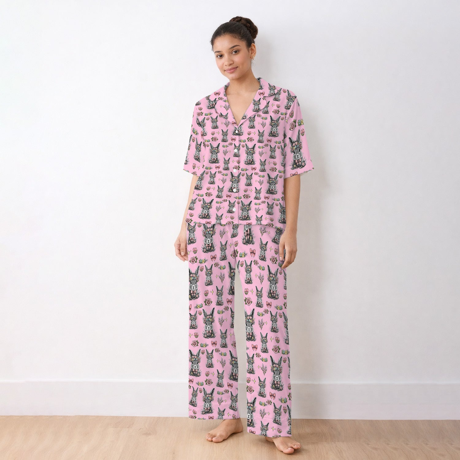 Easter Vintage Floral Bunny Print Pajama Set, Breathable Fabrics Uniform