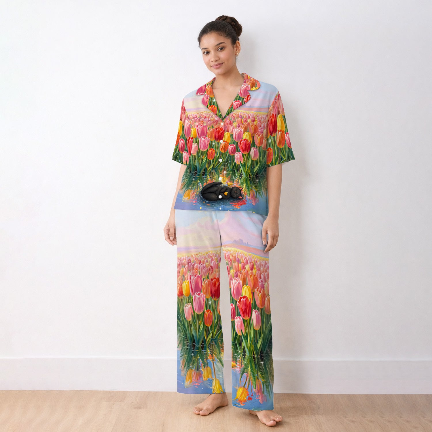 Sleeping Black Cat In Tulip Flower Field Pajama Set, Soft Breathable Fabric Comfortable Sleepwear