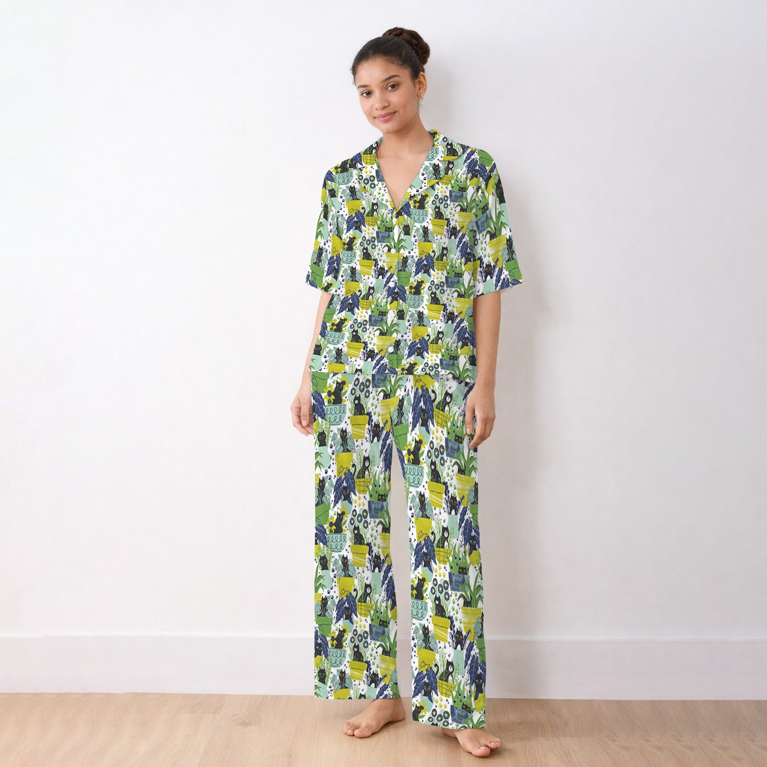 Black Cat Planter Garden Pattern Pajama Set, Soft Breathable Fabric Comfortable Sleepwear
