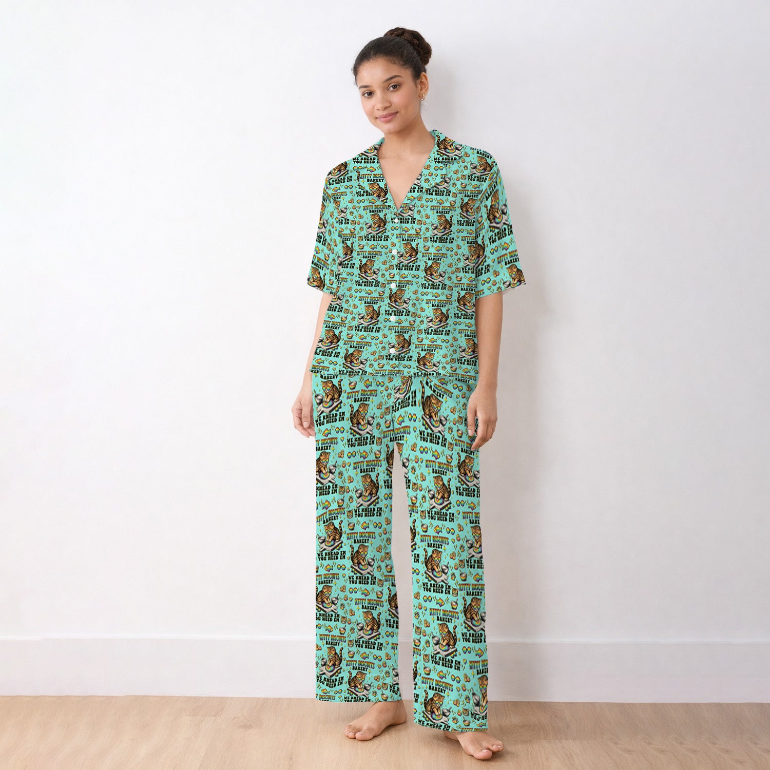 Pride Nurse Cat Baking Rainbow Dough Pattern Pajama Set, Breathable Fabrics Uniform