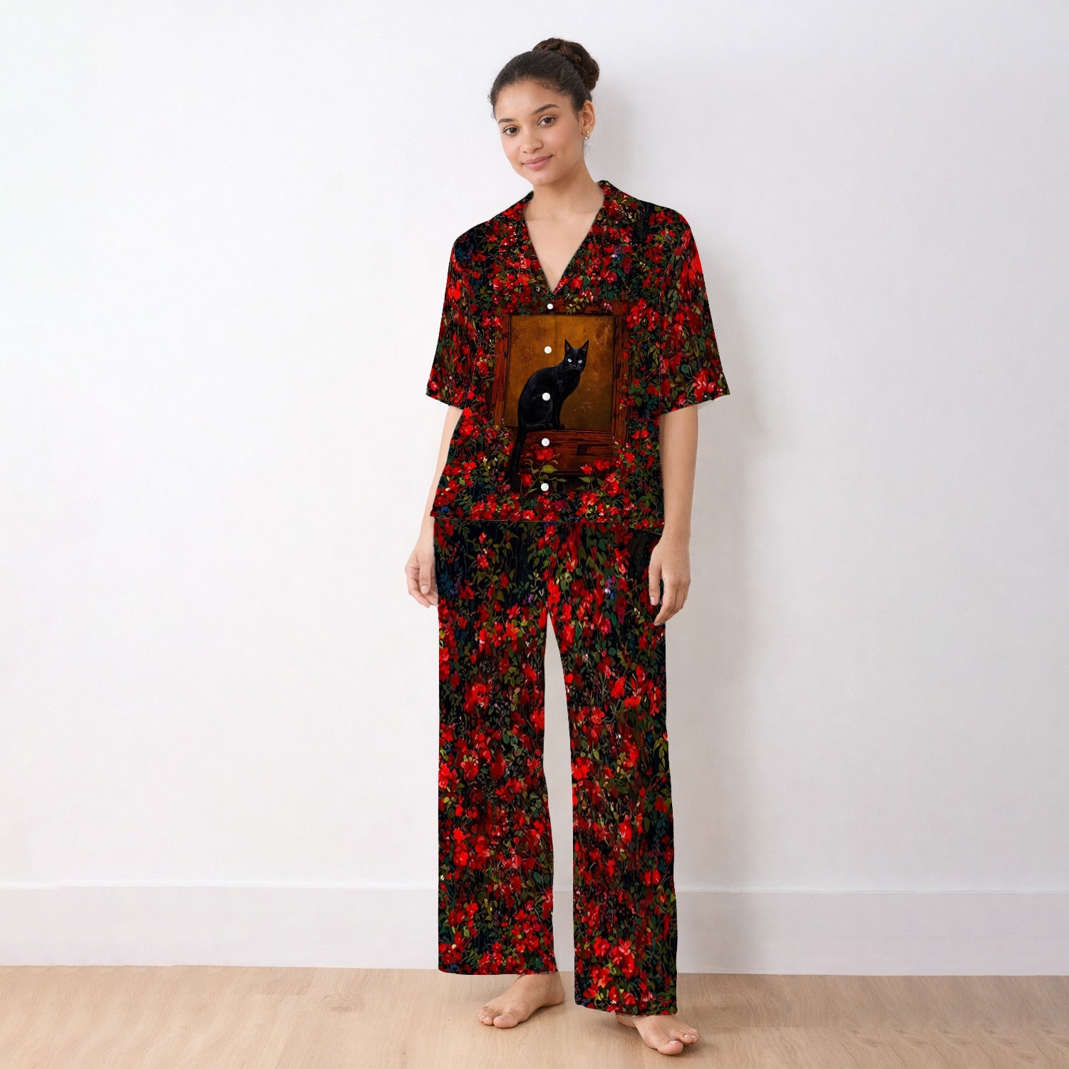 Black Cat Sitting By Red Floral Garden Window Pajama Set, Breathable Fabrics Uniform