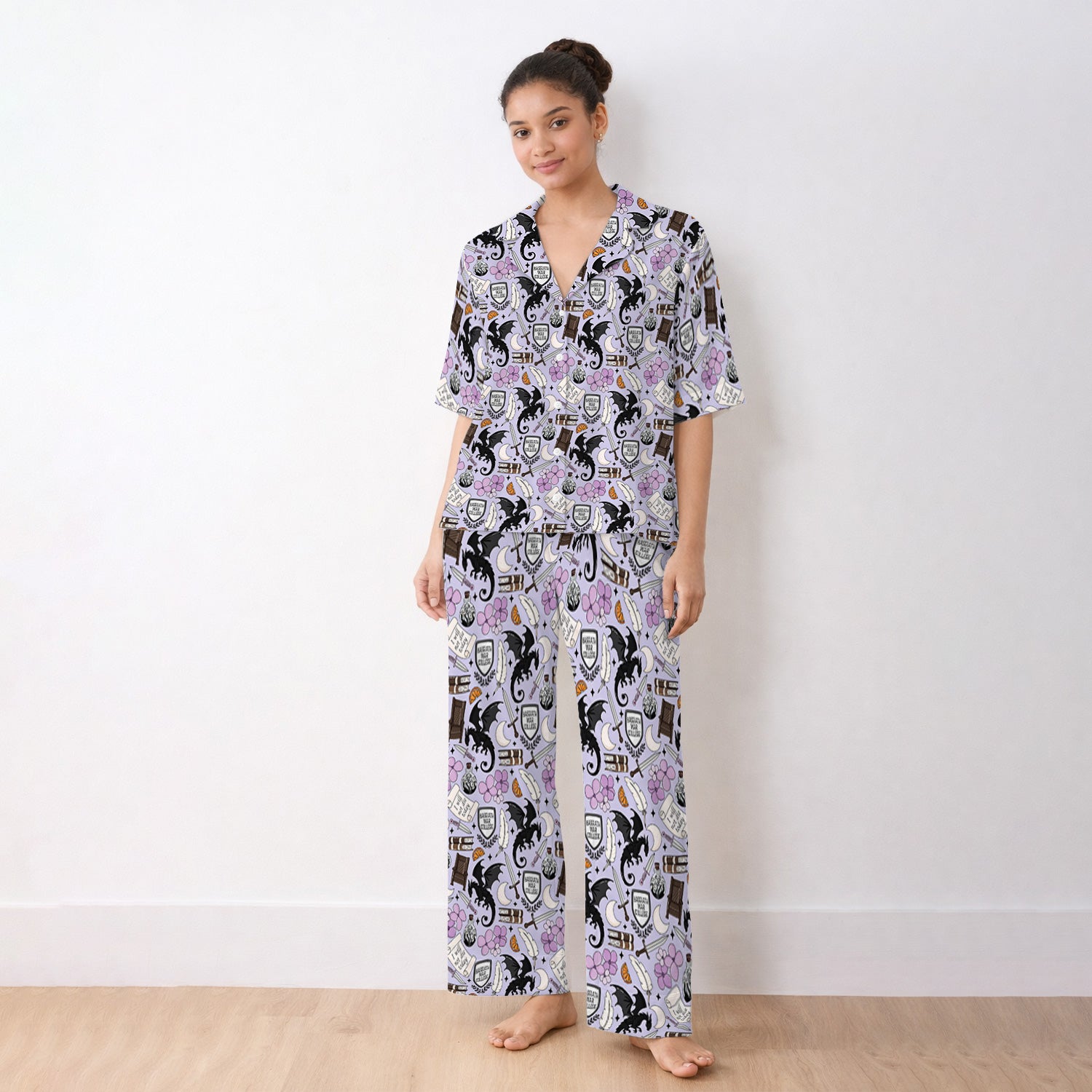 Spooky Gothic Fantasy Dragon Pattern Pajama Set, Breathable Fabrics Uniform