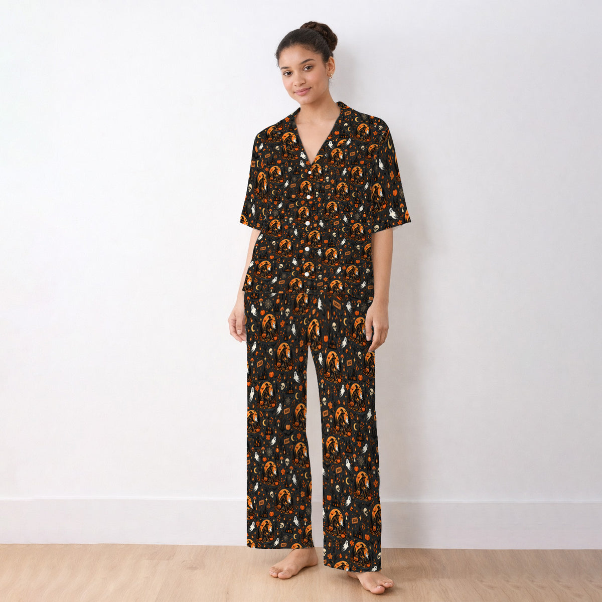Halloween Bigfoot Ghost with Pumpkin Pajama Set, Soft Breathable Fabric Comfortable Sleepwear