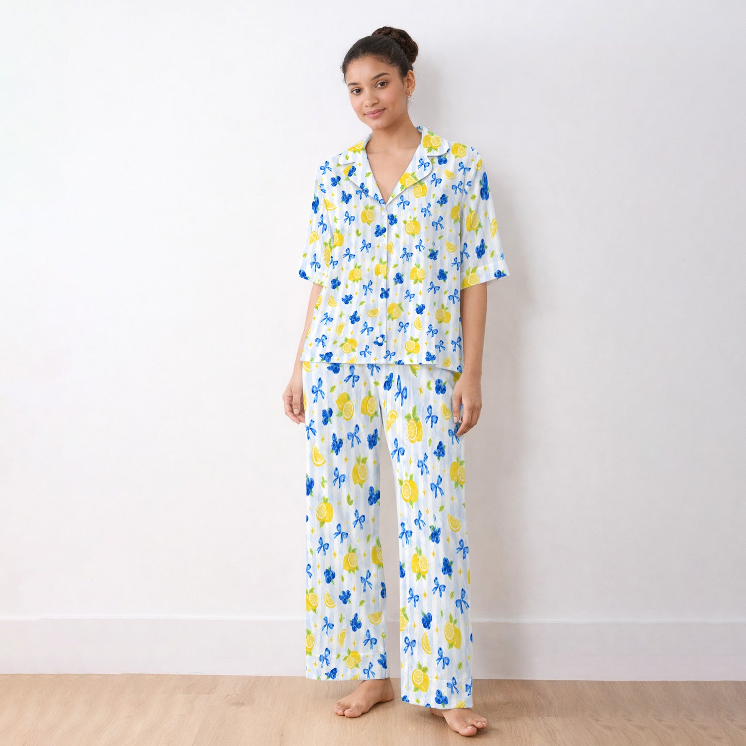 Lemon Blueberry Bow Nurse Print Pajama Set, Soft Breathable Fabric Comfortable Sleepwear