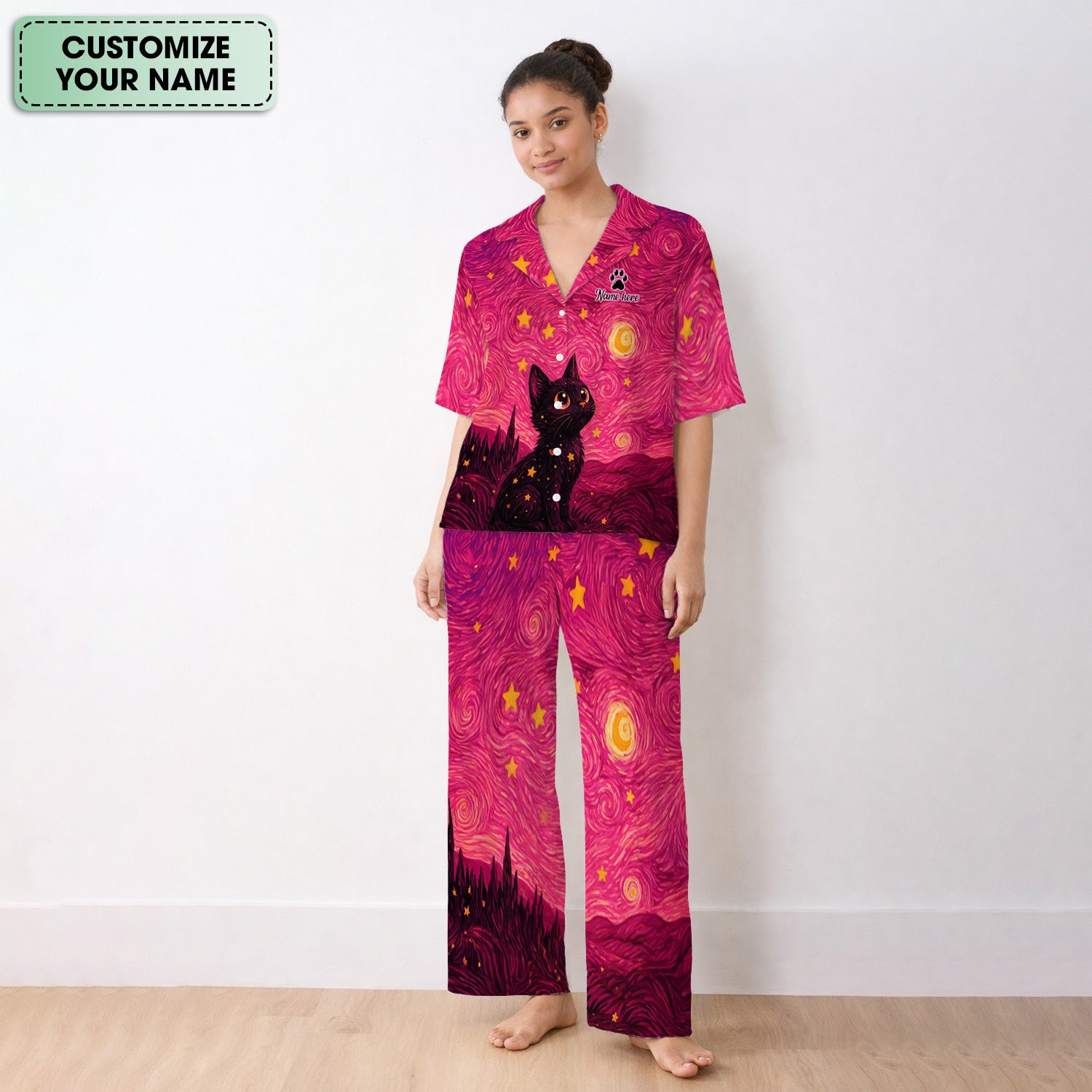 Personalized Black Cat Galaxy Star Swirl Pattern Pajama Set, Breathable Fabrics Uniform