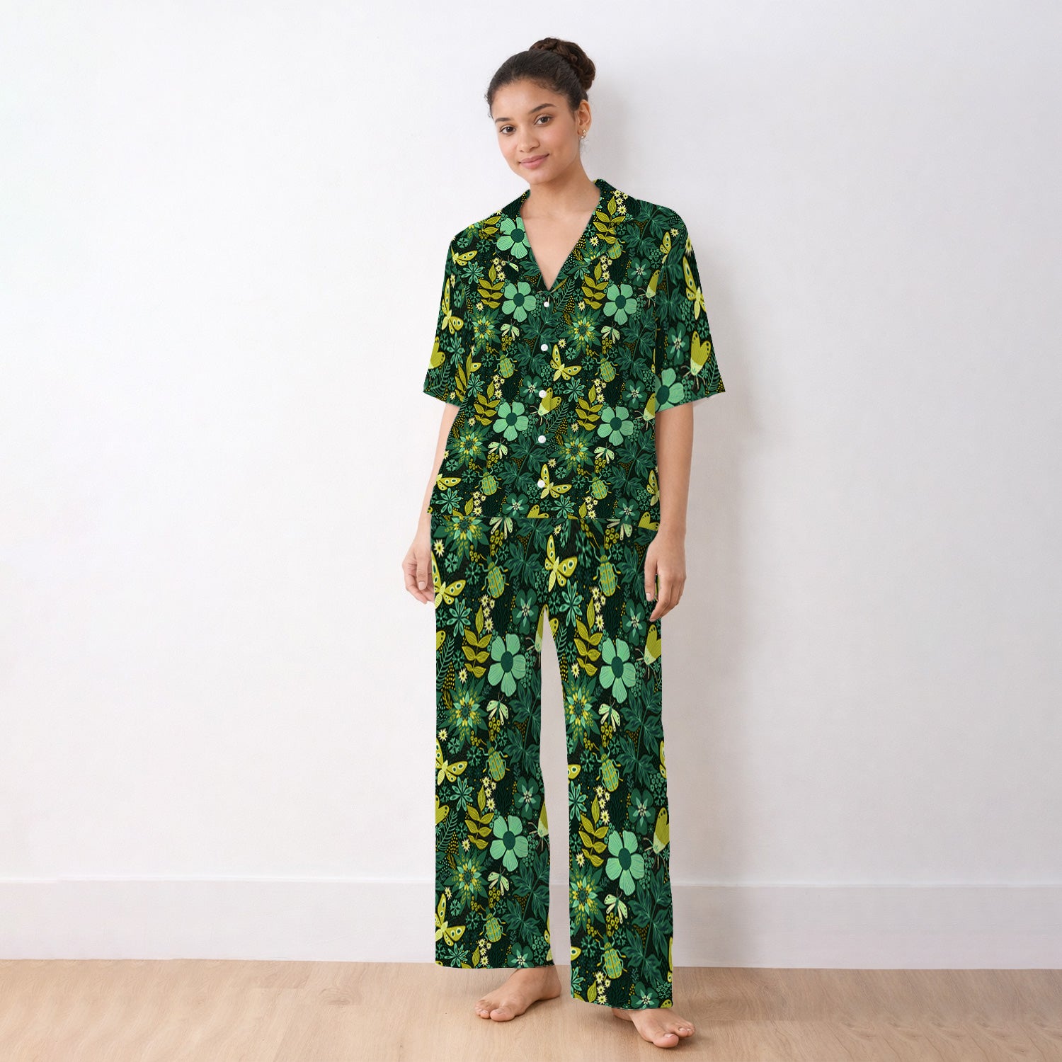 Green Botanical Butterfly Pattern Pajama Set, Soft Breathable Fabric Comfortable Sleepwear