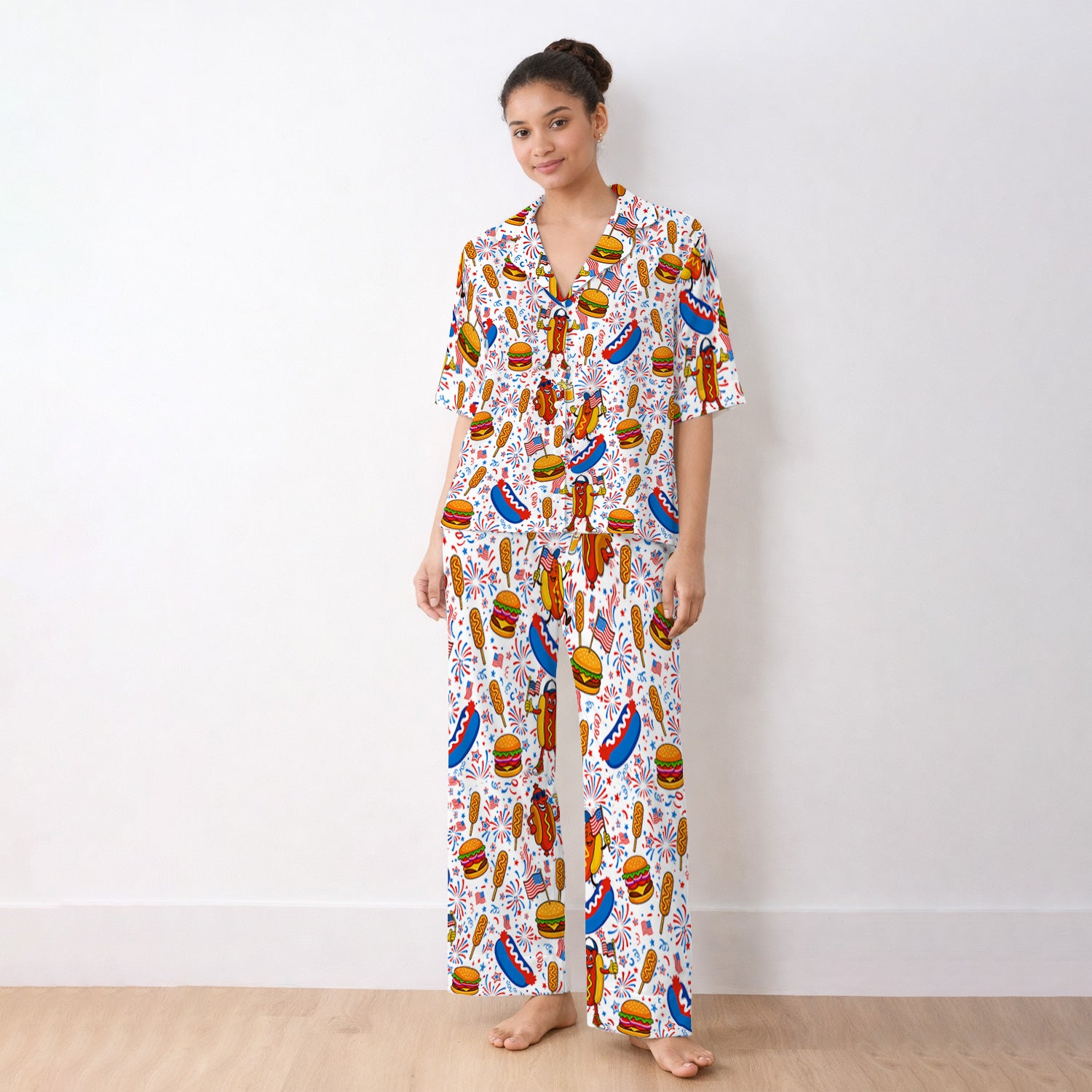 Patriotic Hot Dog Burger Fireworks Pajama Set, Soft Breathable Fabric Comfortable Sleepwear
