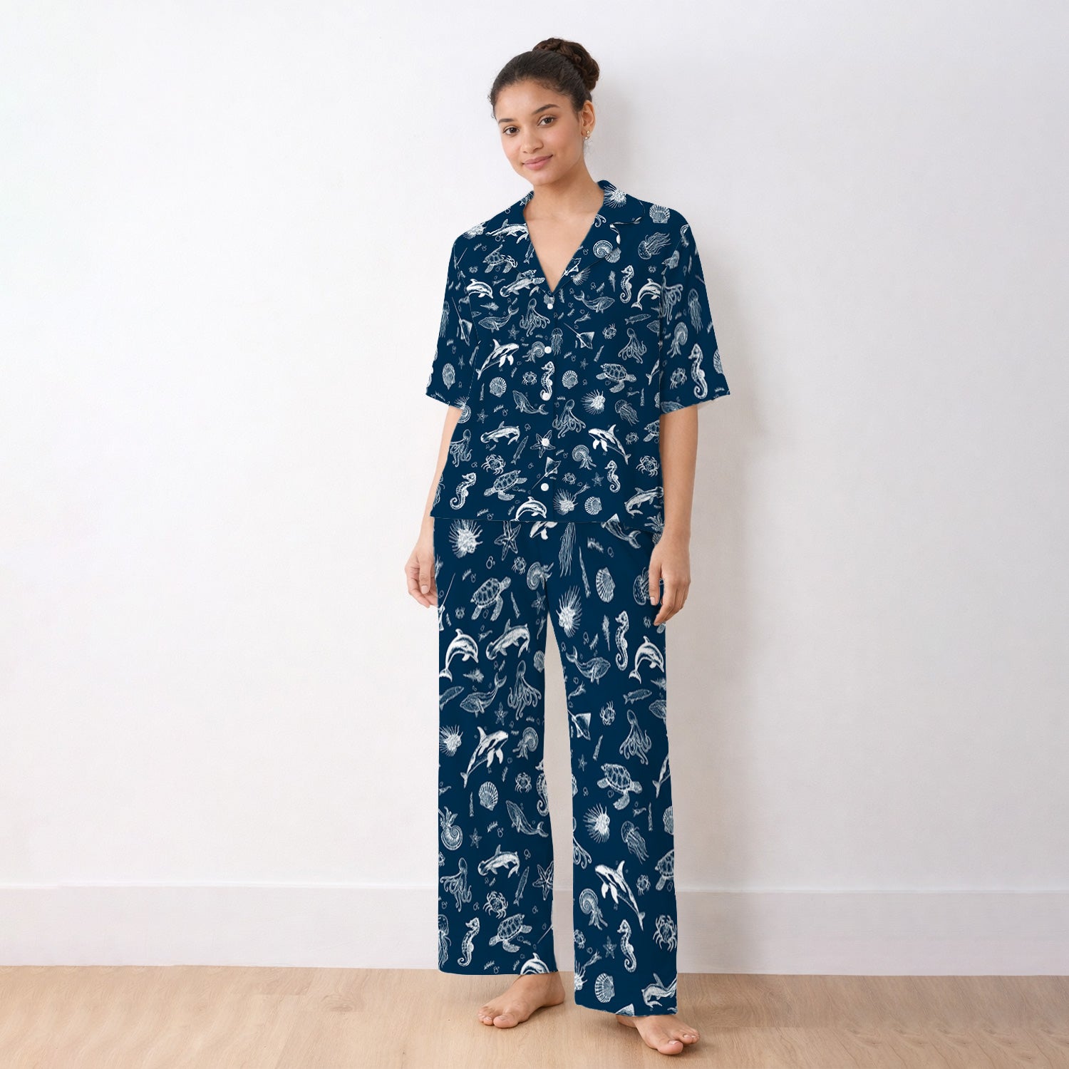 Marine Sea Life Pattern Pajama Set, Breathable Fabrics Uniform
