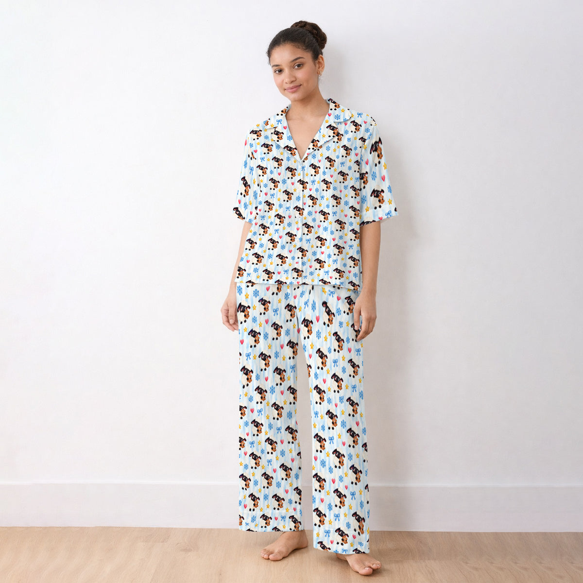 Cute Winter Lambs Holding Teddy Bears Pajama Set, Soft Breathable Fabric Comfortable Sleepwear