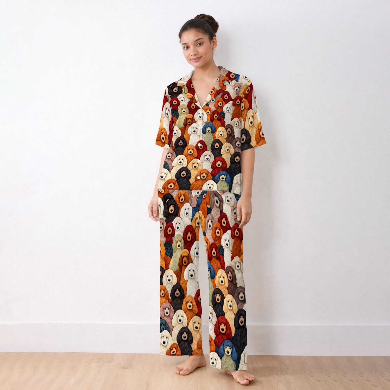 Multicolor Poodle Dog Pattern Pajama Set, Breathable Fabrics Uniform