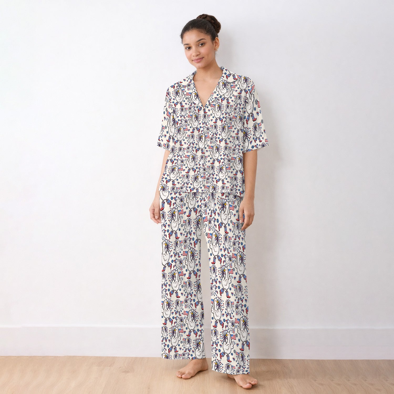 Patriotic Goose With USA Flag Fireworks Pajama Set, Soft Breathable Fabric Comfortable Sleepwear