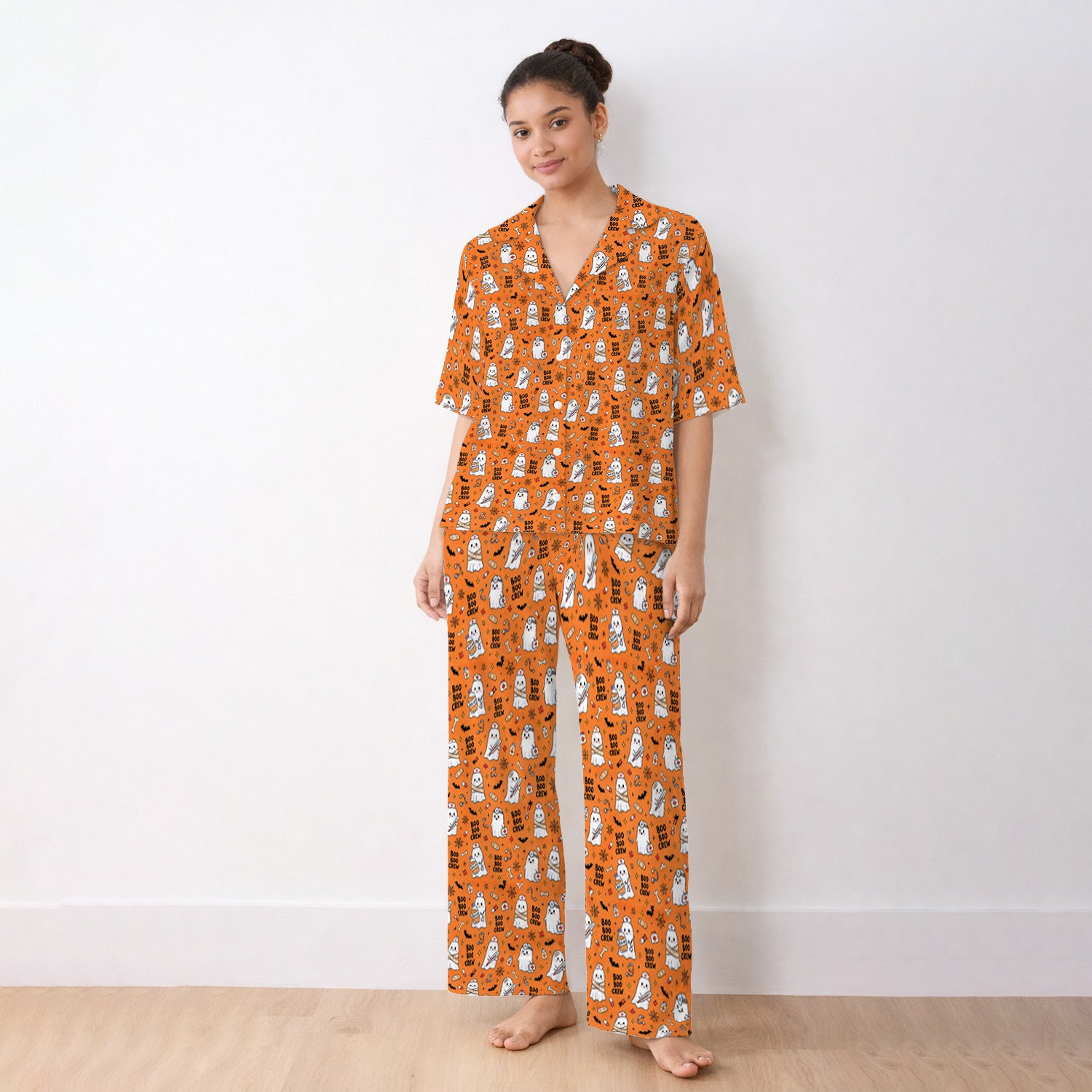 Cute Halloween Boo Boo Crew Ghost Pajama Set, Soft Breathable Fabric Comfortable Sleepwear
