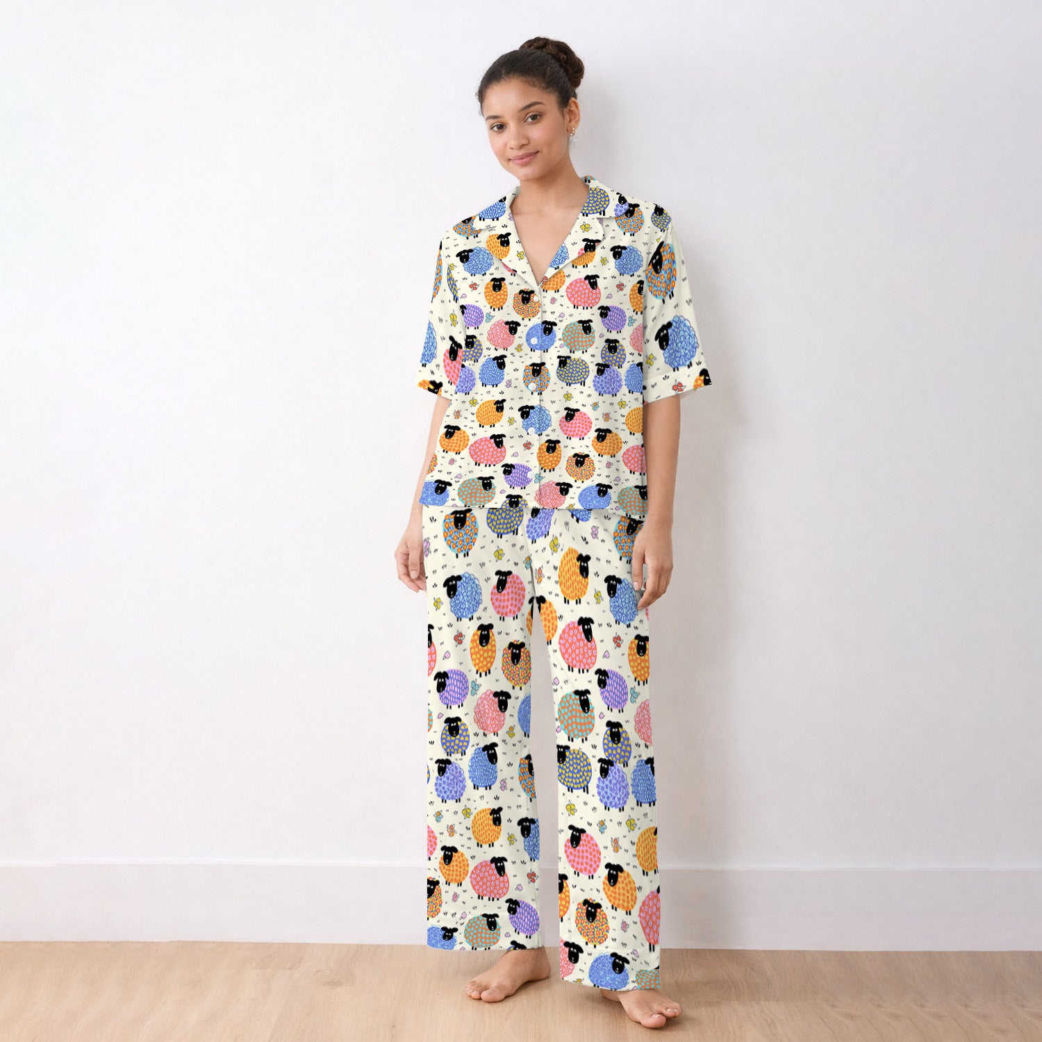 Funny Colorful Sheep Pattern Pajama Set, Breathable Fabrics Uniform