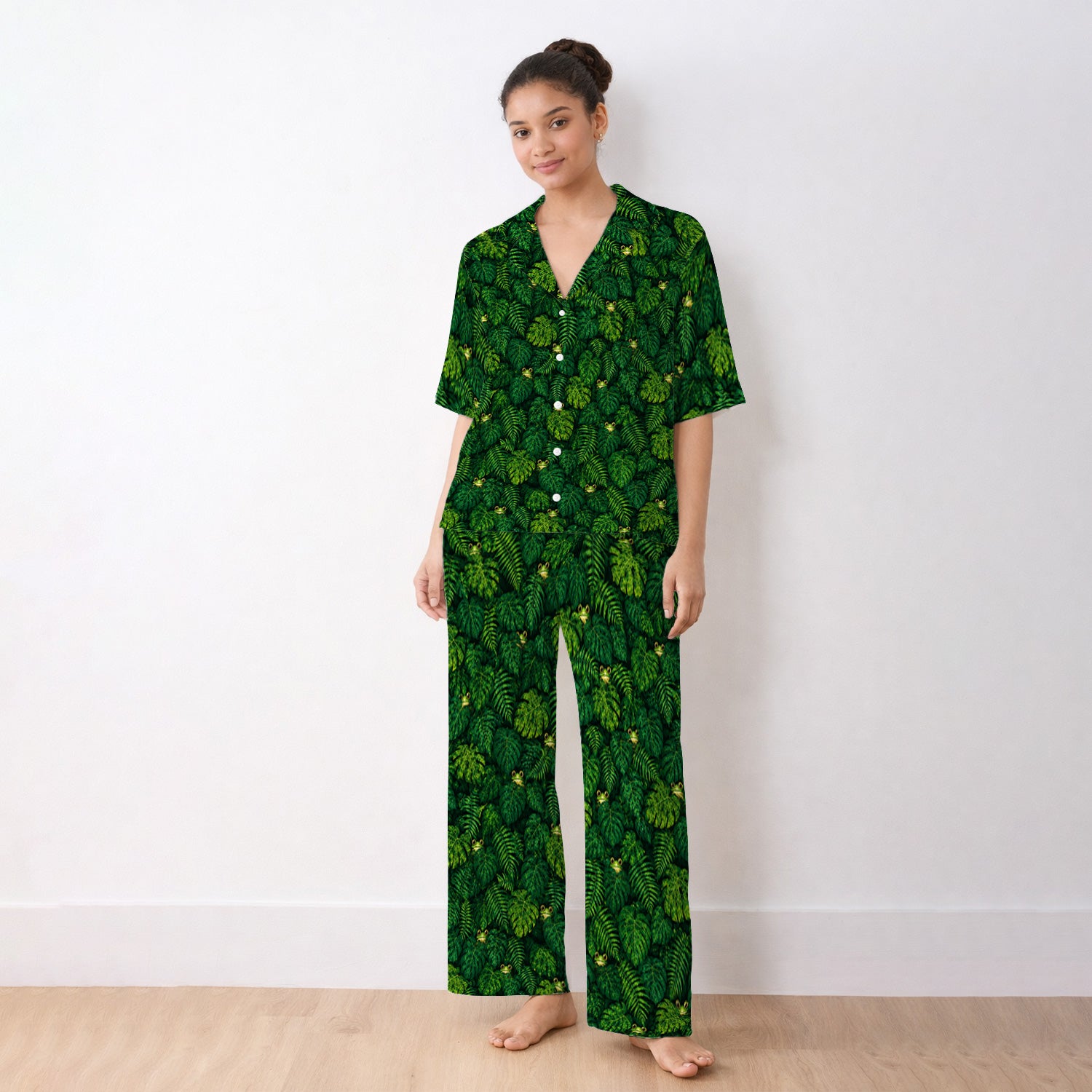 Cute Hidden Frog Jungle Pattern Pajama Set, Soft Breathable Fabric Comfortable Sleepwear