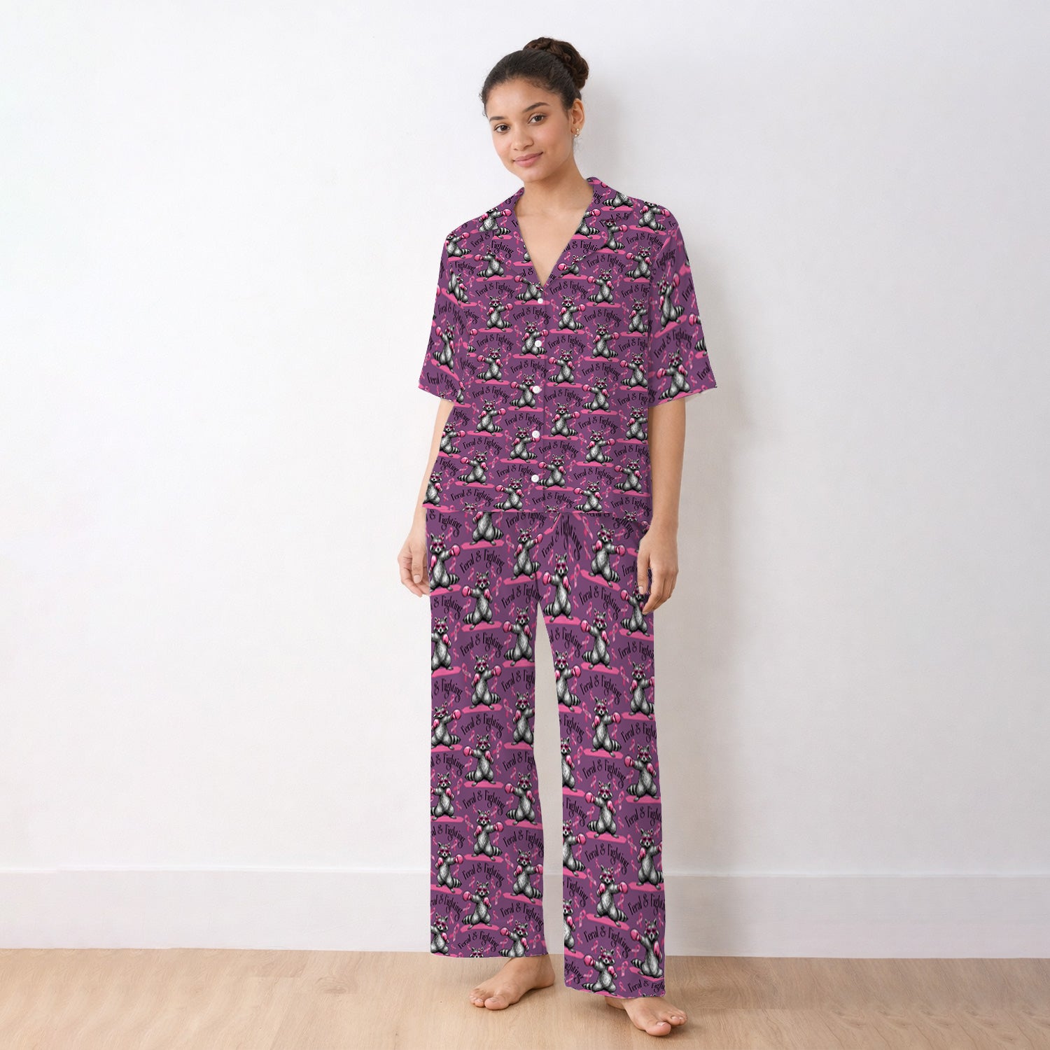 Breast Cancer Awareness Raccoon Pajama Set, Soft Breathable Fabric Comfortable Sleepwear