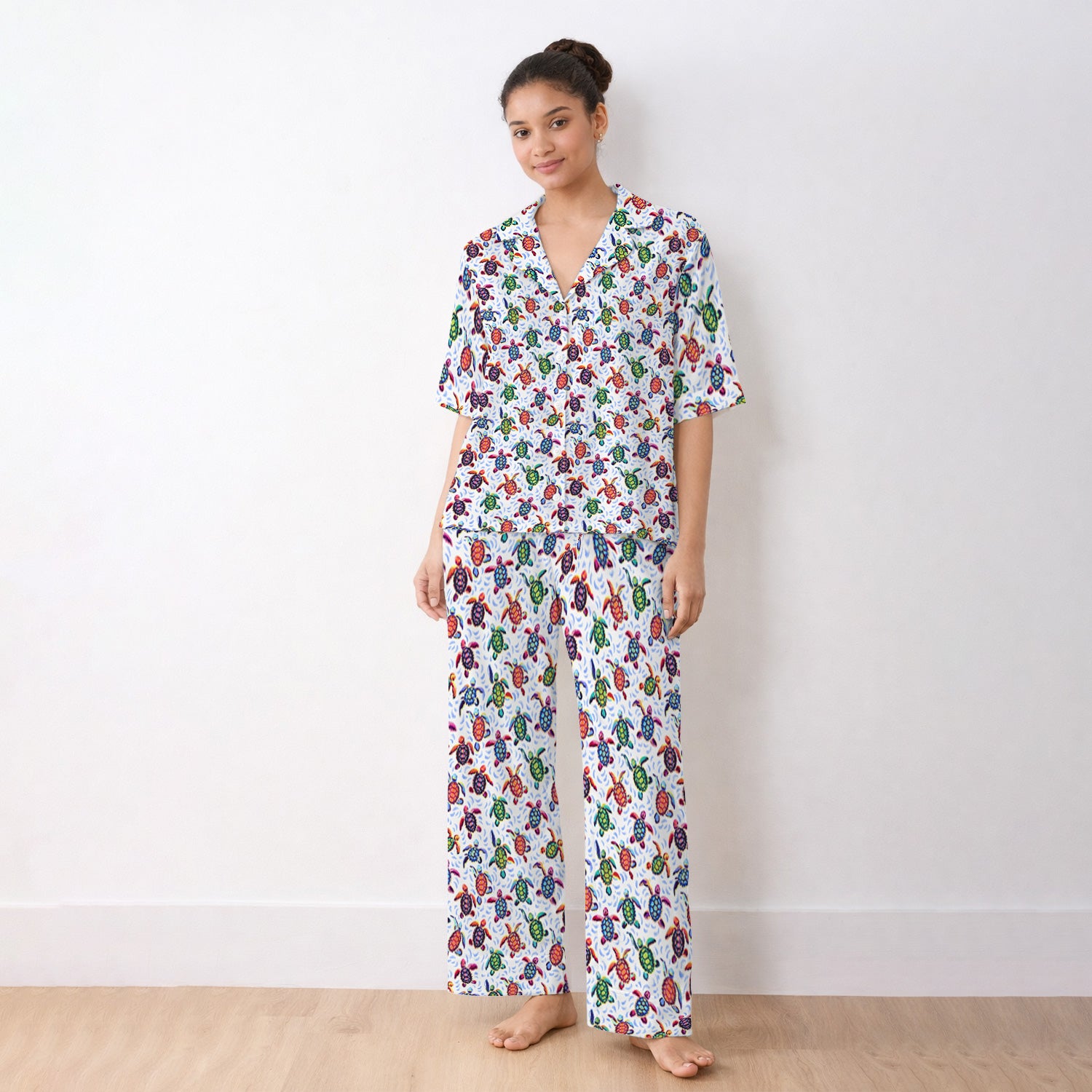 Colorful Sea Turtle Wave Pattern Pajama Set, Soft Breathable Fabric Comfortable Sleepwear