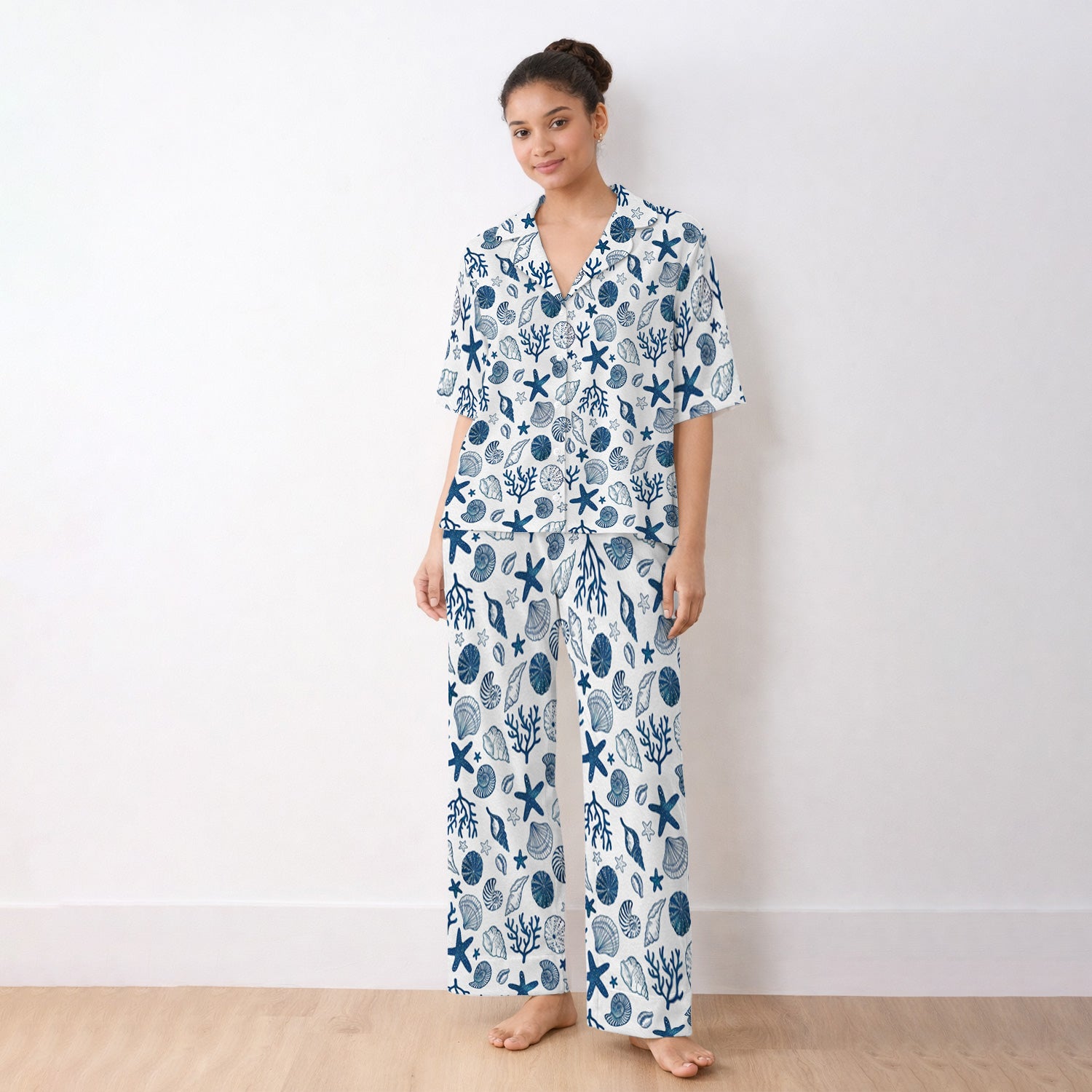 Cute Ocean Shell Starfish Pattern Pajama Set, Soft Breathable Fabric Comfortable Sleepwear