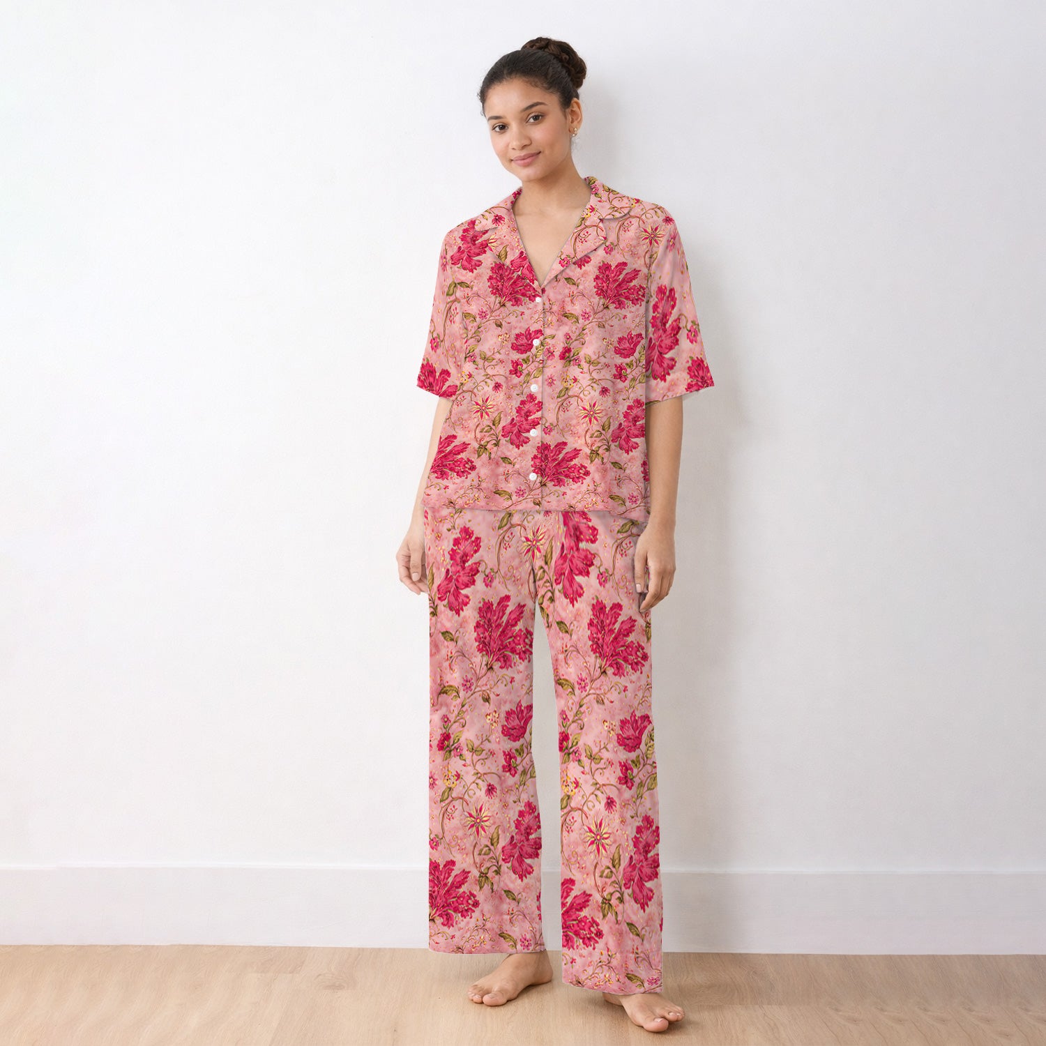 Elegant Pink Floral Vine Pajama Set, Soft Breathable Fabric Comfortable Sleepwear