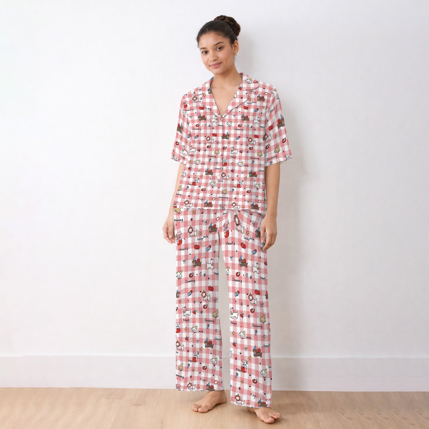 Cute Nurse Cartoon Puppy Apple Gingham Pajama Set, Breathable Fabrics Uniform