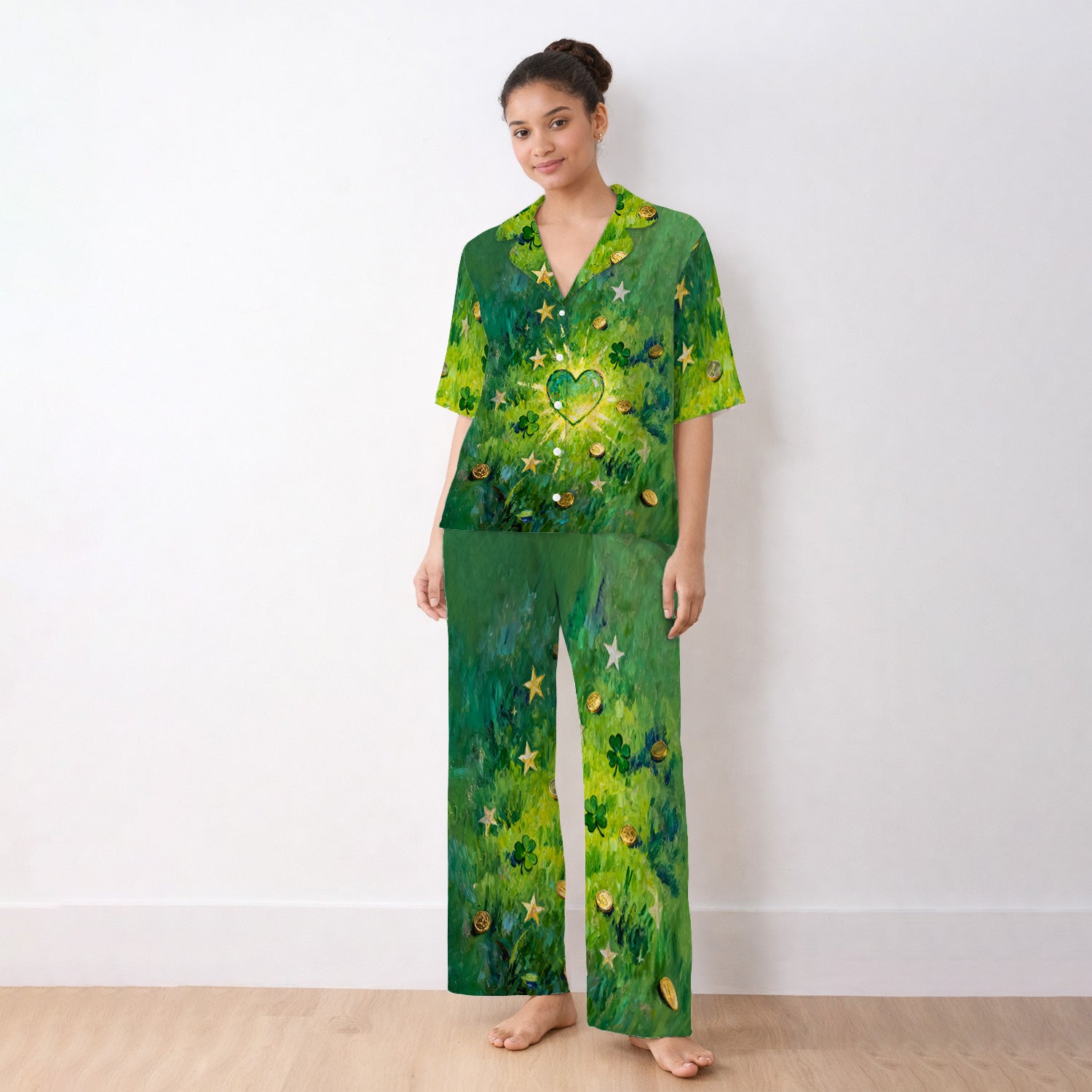 St. Patrick Lucky Shamrock Heart Pajama Set,  Breathable Fabrics Uniform