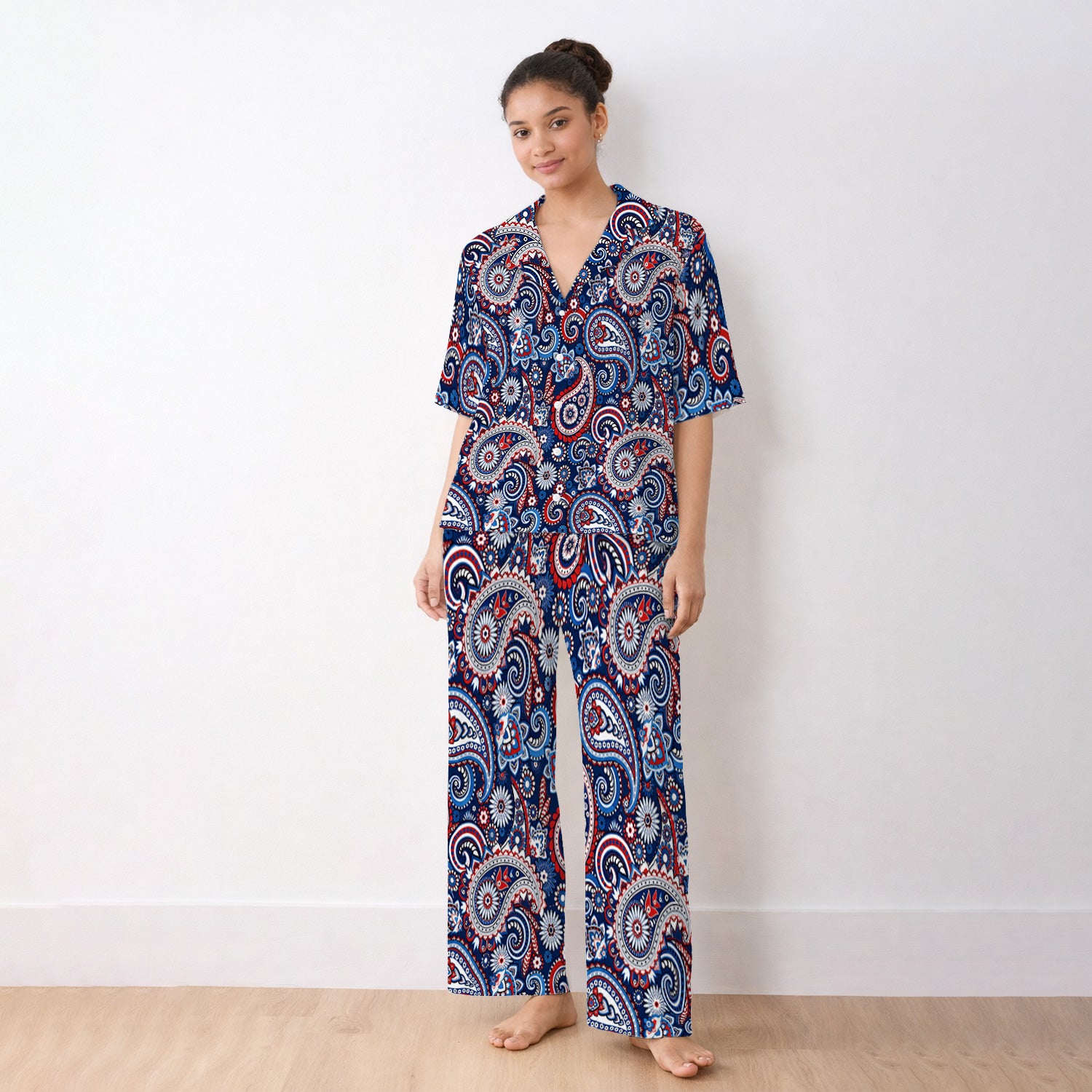 Patriotic Red White Blue Paisley Pattern Pajama Set, Soft Breathable Fabric Comfortable Sleepwear