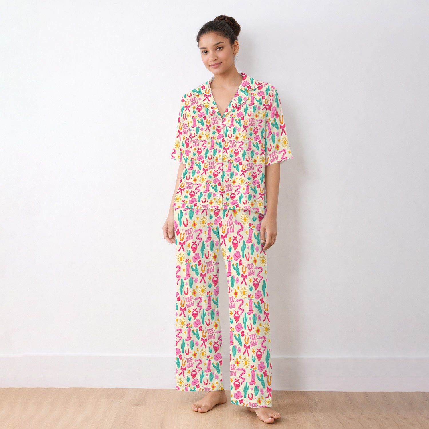 Pink Western Cowgirl Nurse Pattern Pajama Set, Soft Breathable Fabric Comfortable Sleepwear