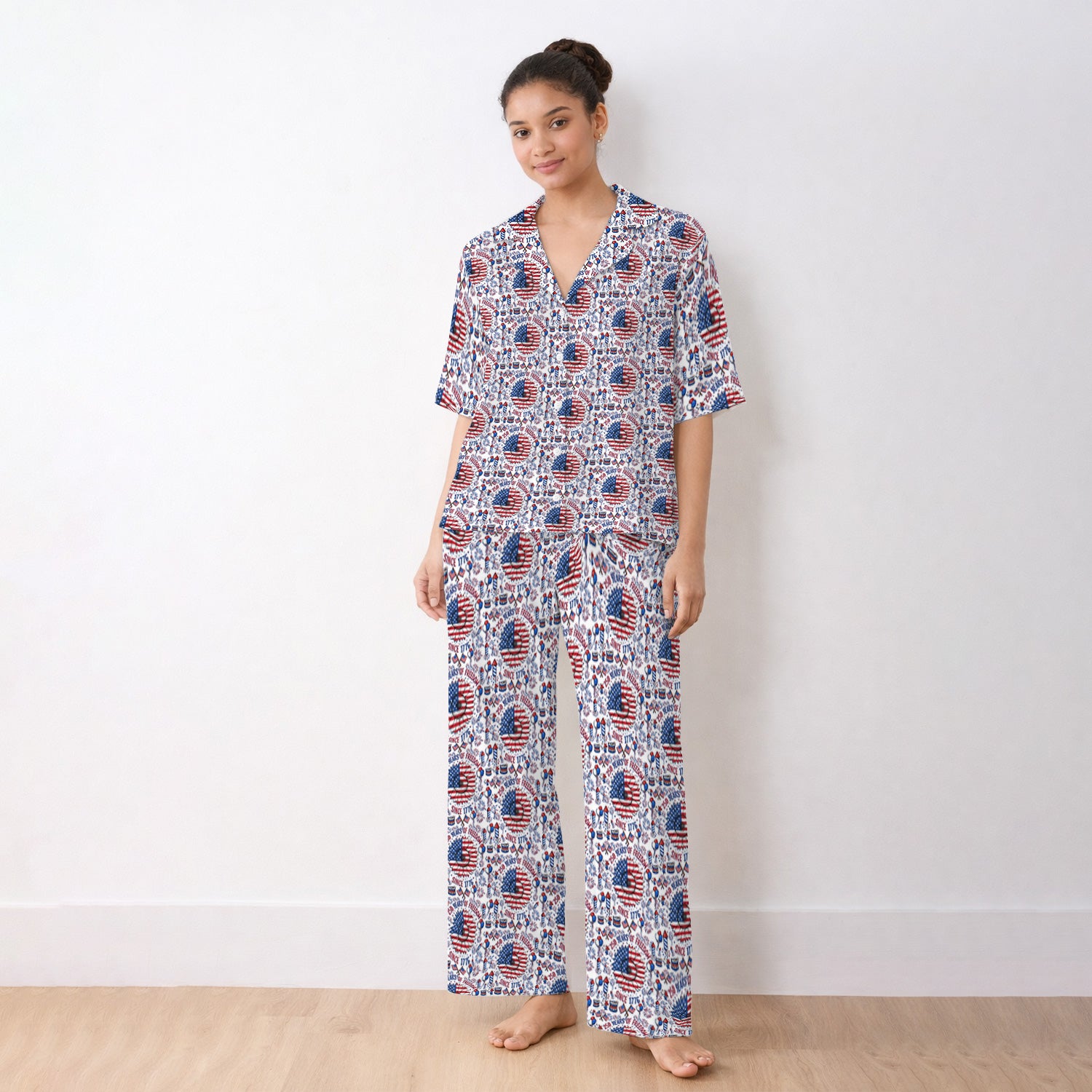 Festive Patriotic Sunflower American Flag Fireworks Pattern Pajama Set, Breathable Fabrics Uniform