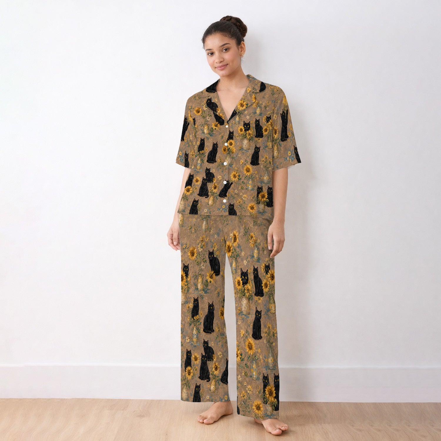 Rustic Sunflower Black Cat Print Pajama Set, Soft Breathable Fabric Comfortable Sleepwear