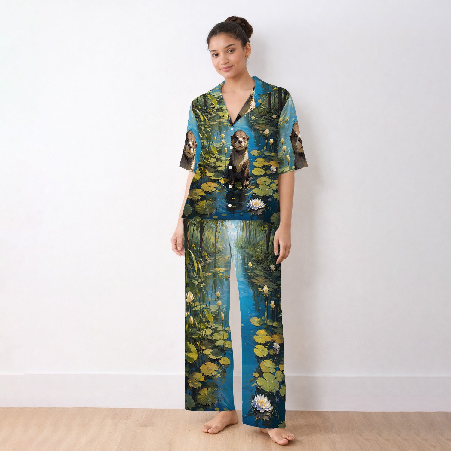 Cute Otter Pond Pattern Pajama Set, Soft Breathable Fabric Comfortable Sleepwear
