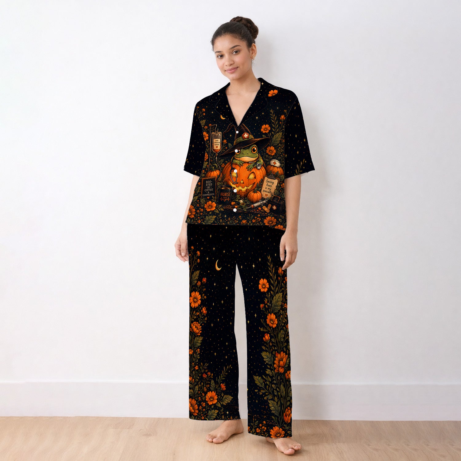 Halloween Witch Frog Pumpkin Pajama Set, Soft Breathable Fabric Comfortable Sleepwear