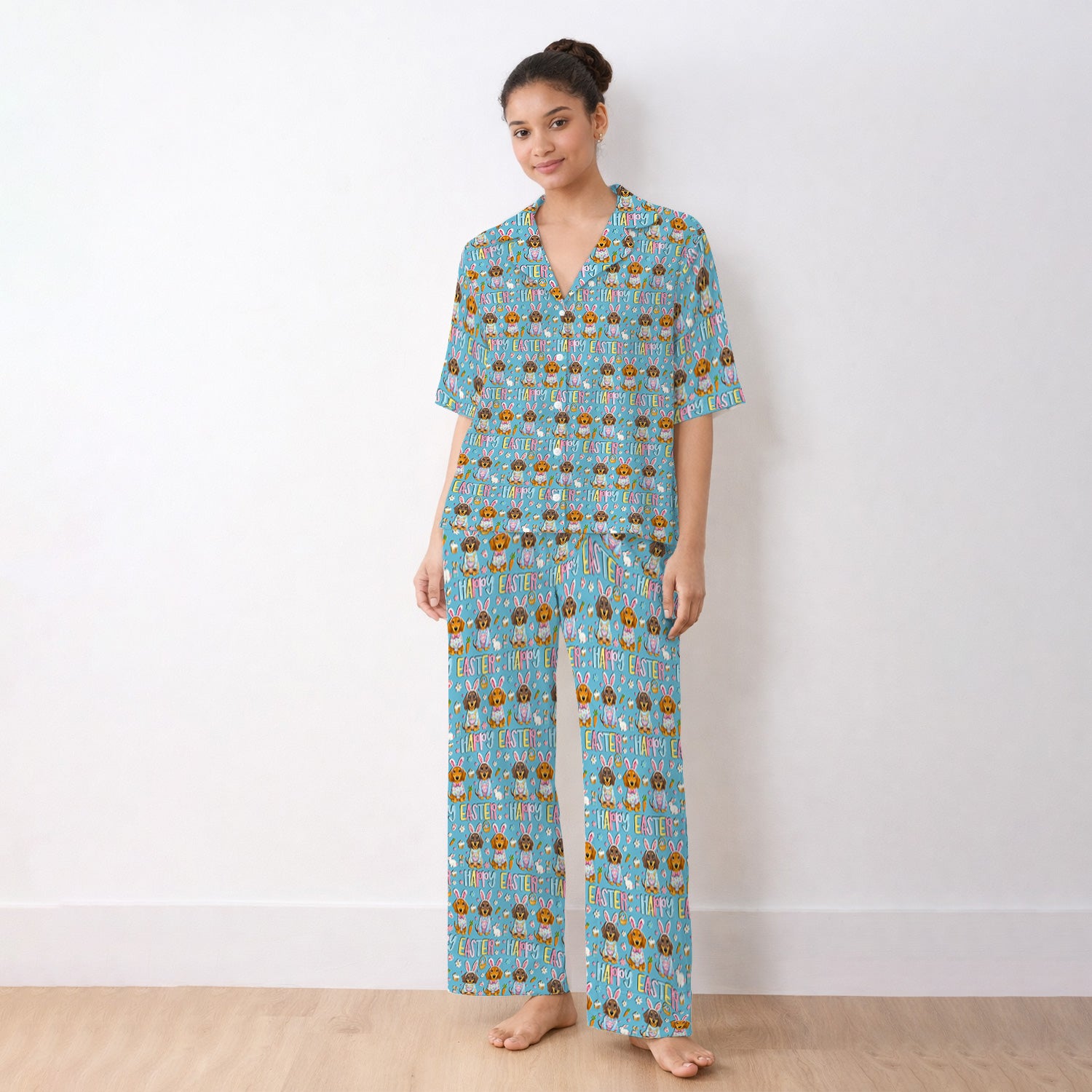 Happy Easter Dachshund Bunny Print Pajama Set, Breathable Fabrics Uniform