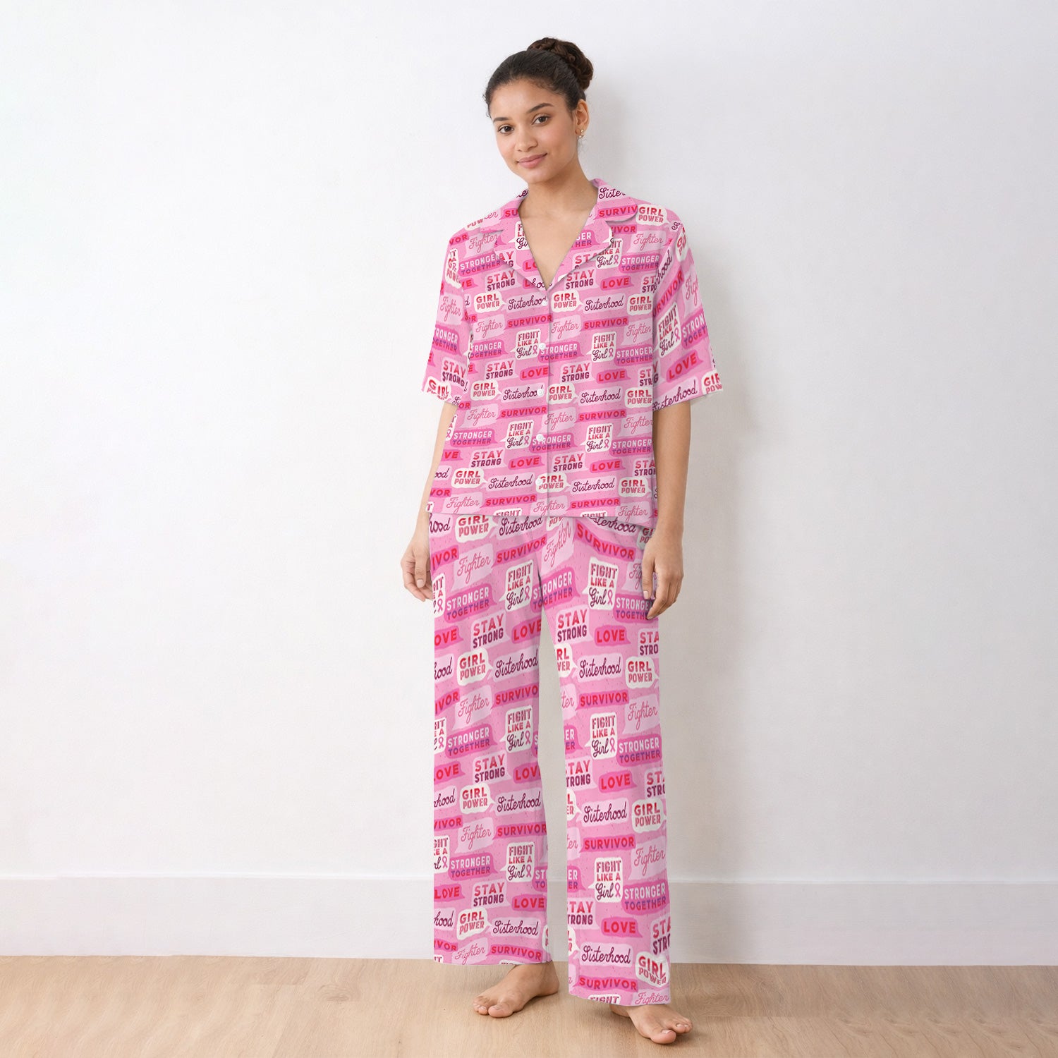 Pink Ribbon Quotes Pajama Set, Soft Breathable Fabric Comfortable Sleepwear