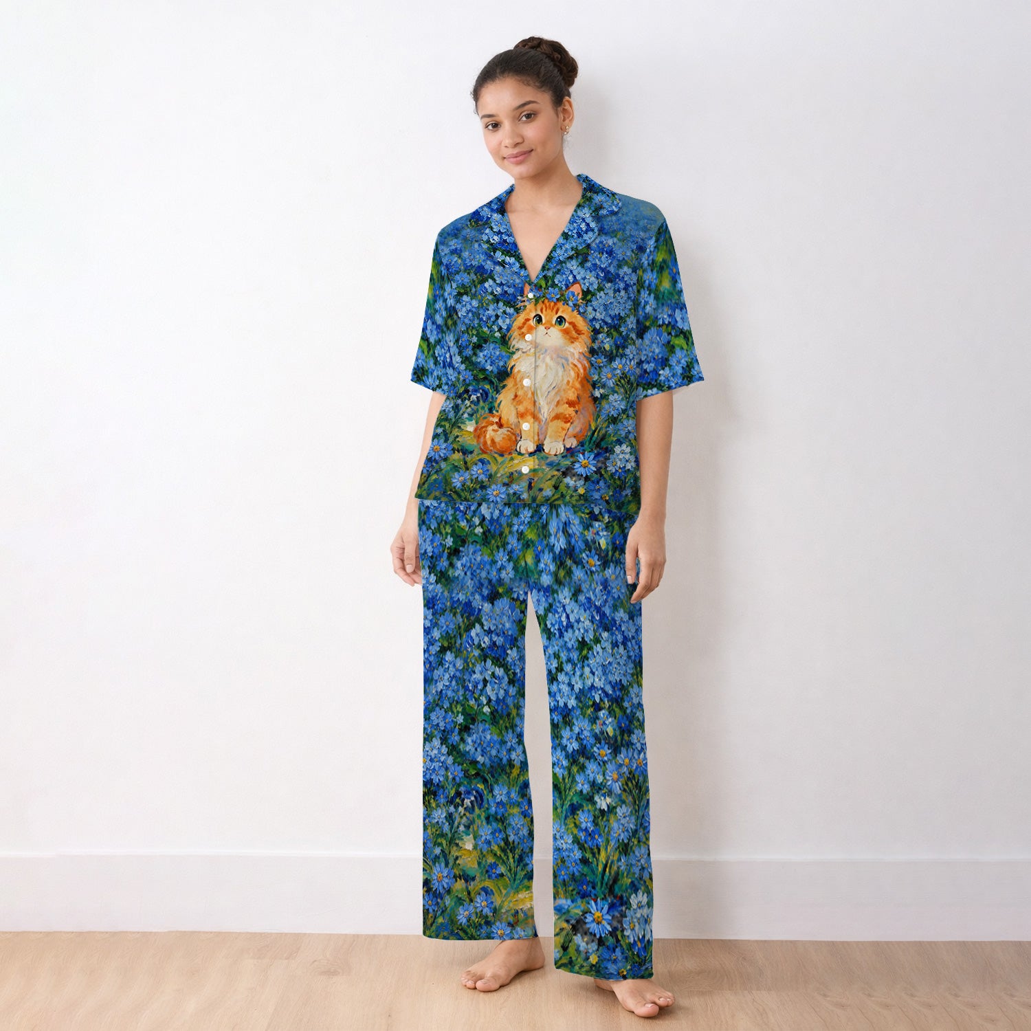 Cute Blue Floral Cat Pattern Pajama Set, Soft Breathable Fabric Comfortable Sleepwear